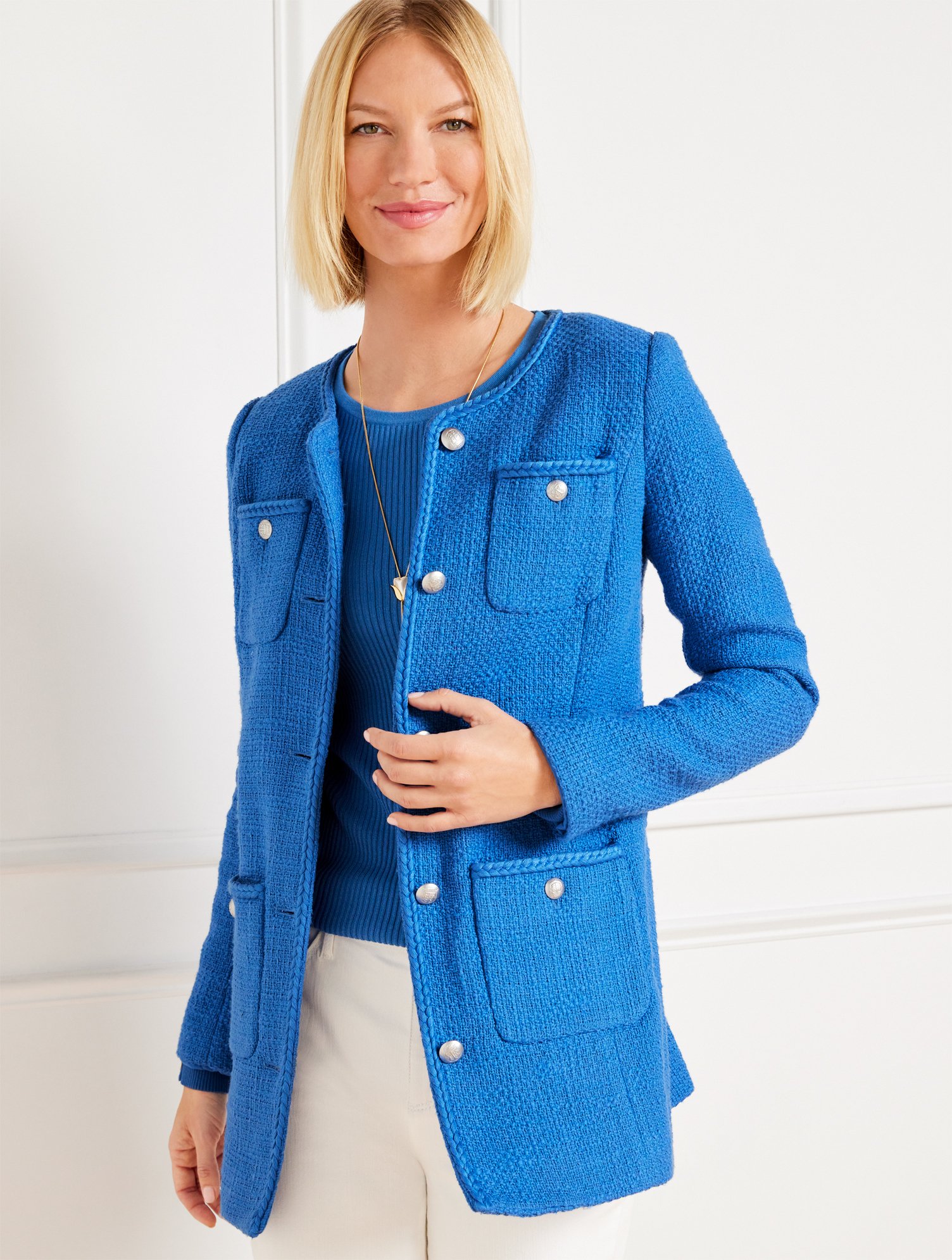 Talbots Petite - Tweed Topper Coat - Capri Blue - 4 - 100% Cotton