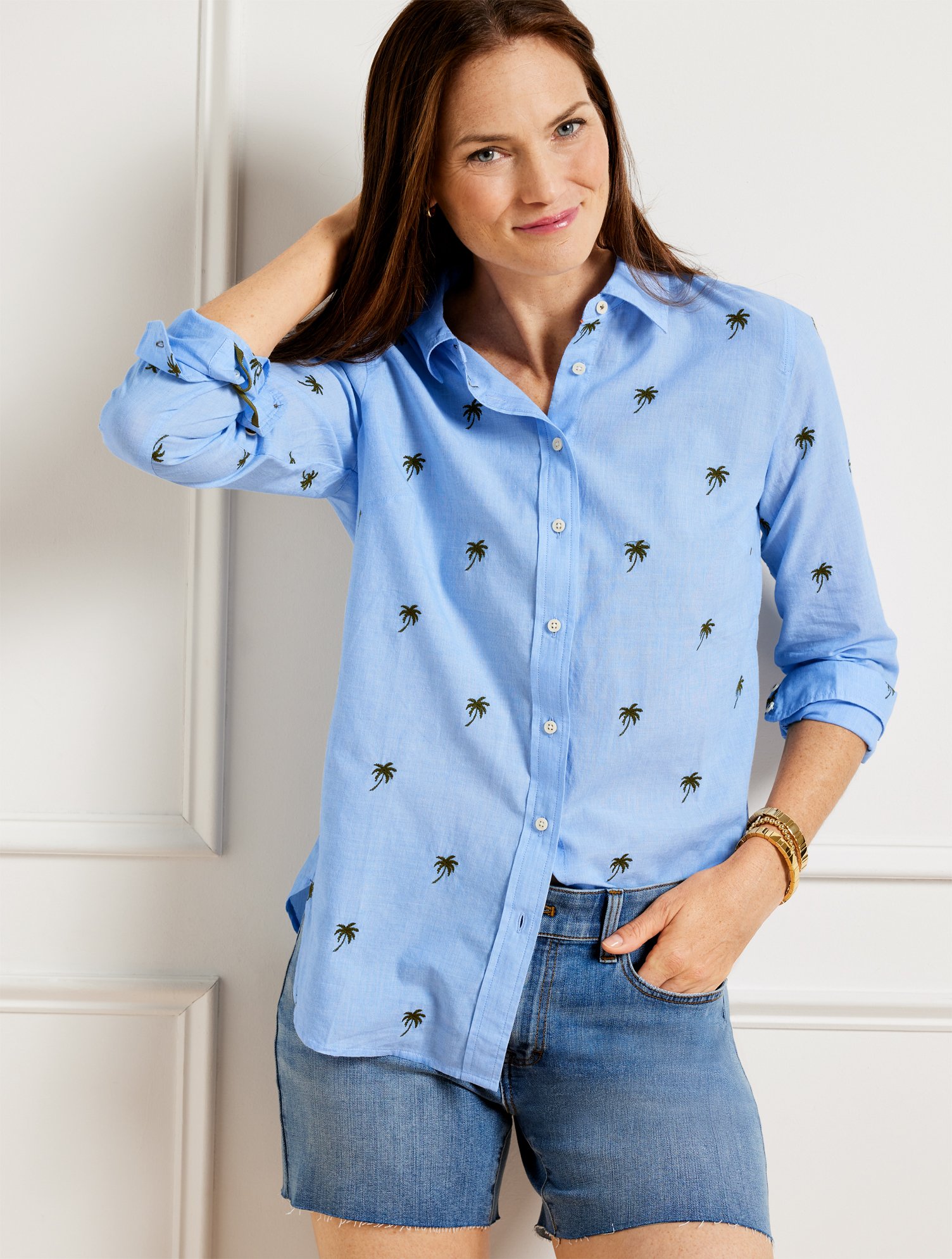 Shop Talbots Modern Classic Shirt - Embroidered Lovely Palm Trees - Blue/burnt Olive - X  In Blue,burnt Olive
