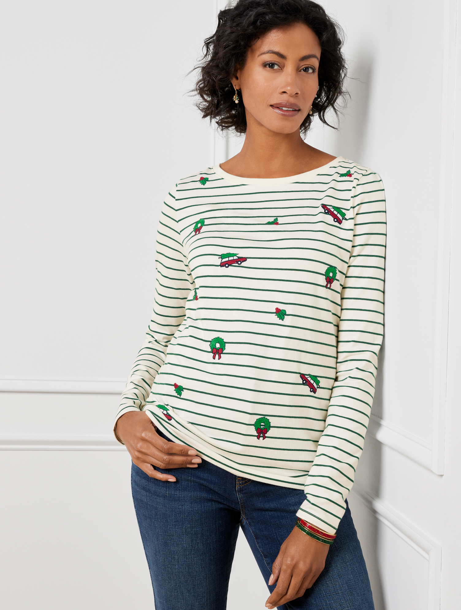 TALBOTS PETITE - EMBROIDERED BATEAU NECK T-SHIRT - CARS - IVORY/HIGHLAND GREEN - SMALL - 100% COTTON TALBOTS