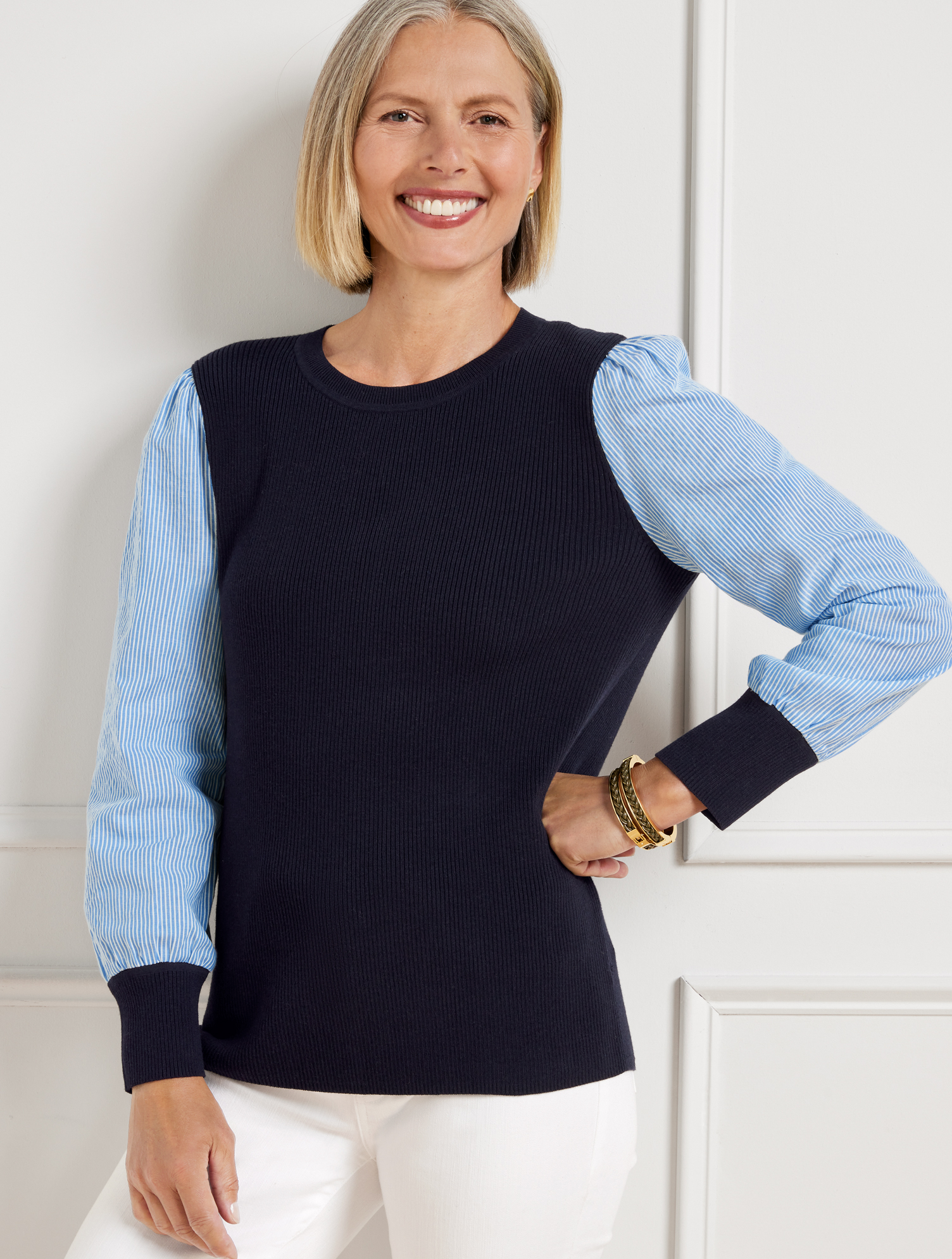 Talbots Woven Sleeve Crewneck Sweater Pullover - Blue - X