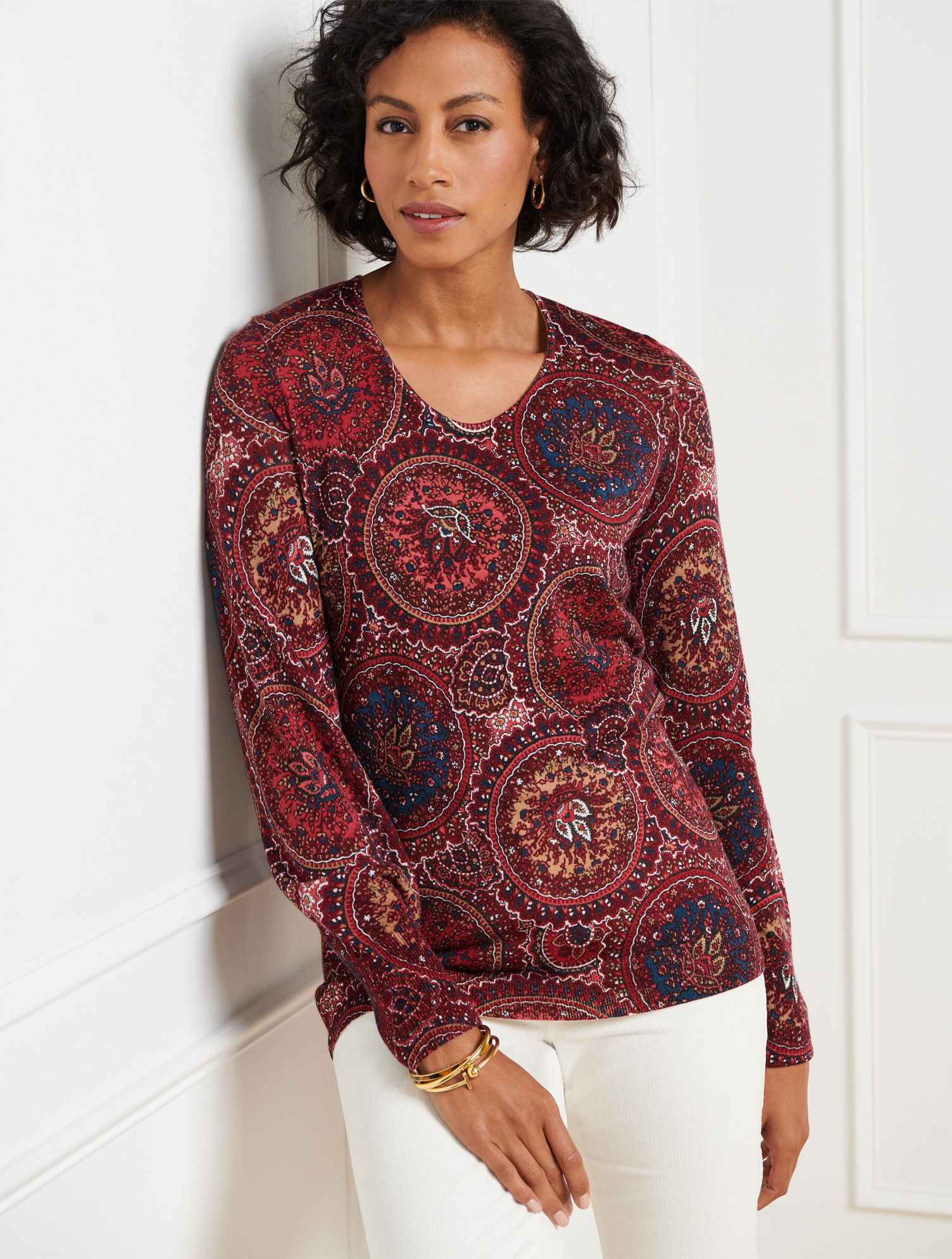 Talbots Petite - Merino Wool Pullover Sweater - Circle Paisley - Shiraz - Medium