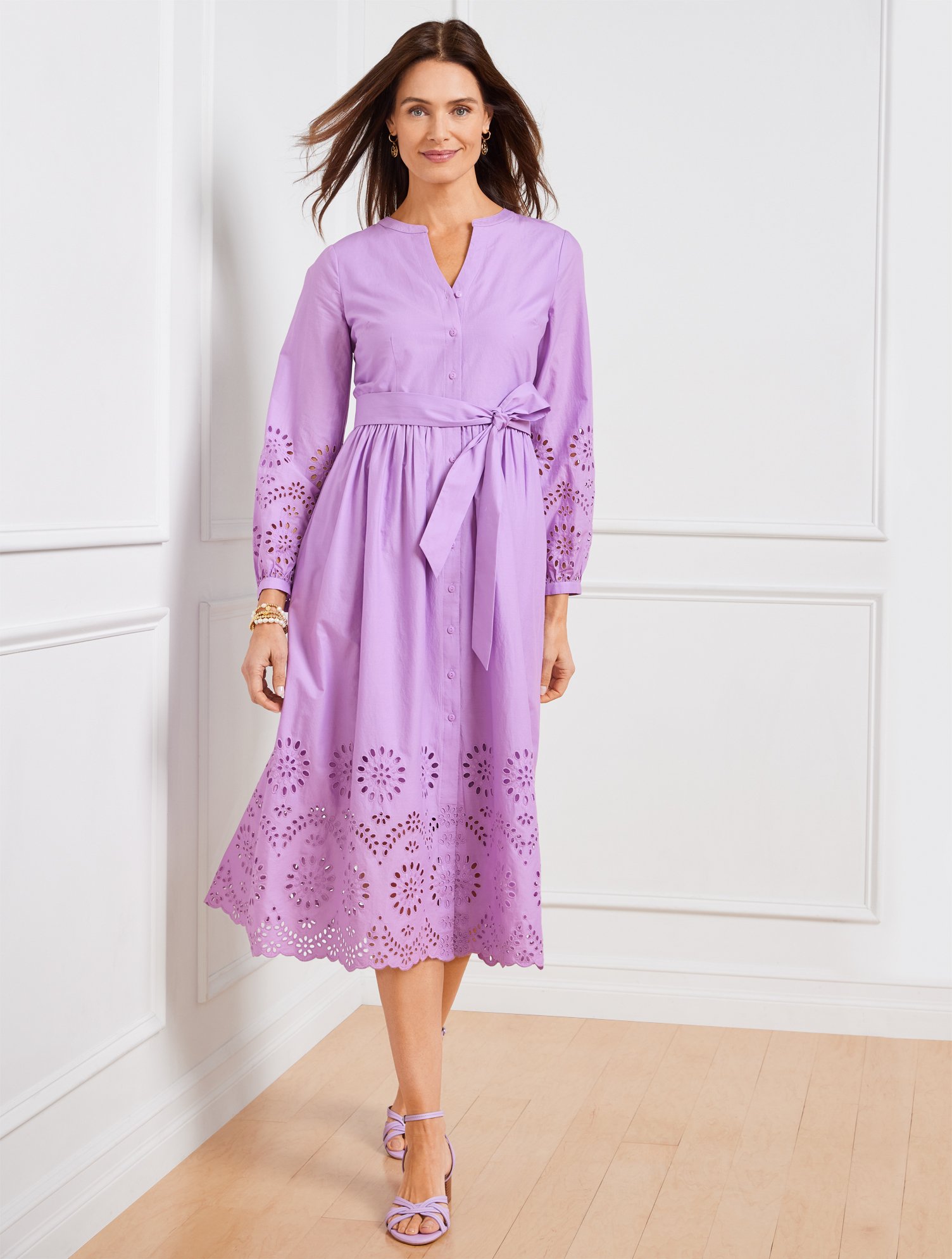 Talbots Placed Eyelet Fit & Flare Shirtdress - Wisteria Purple - 20 - 100% Cotton