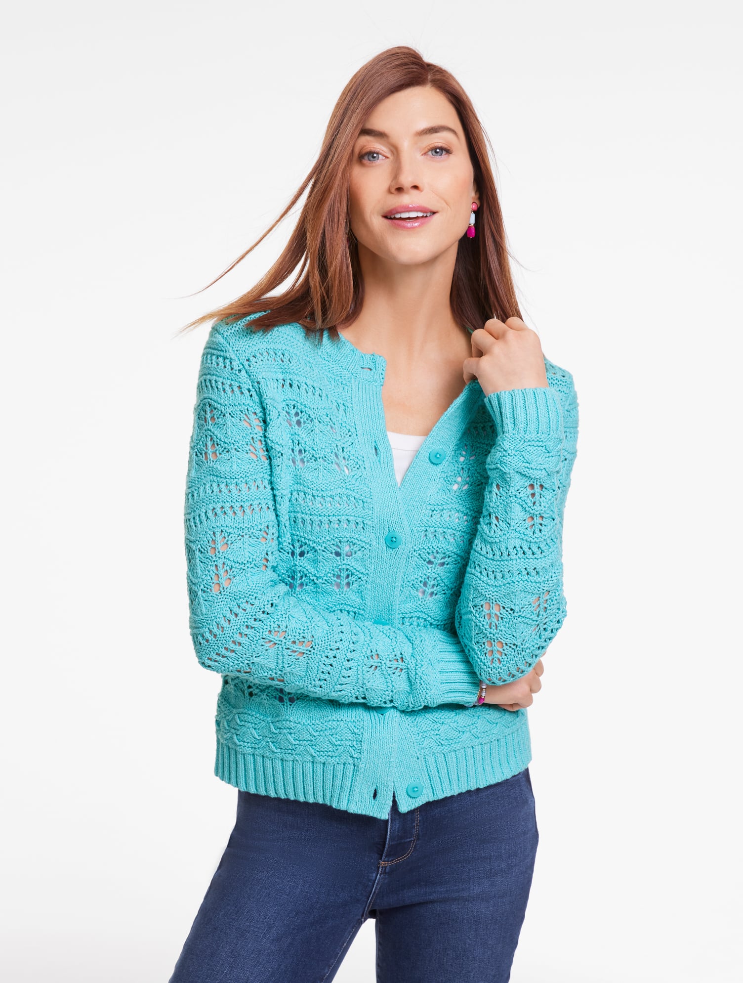 Open Stitch Crewneck Cardigan | Talbots