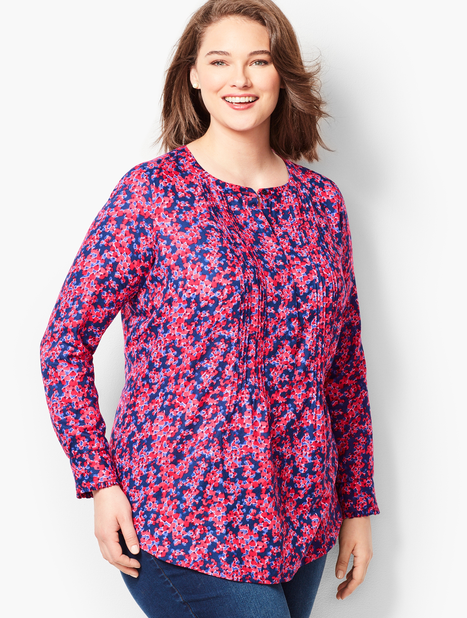 Plus Size Floral Cotton Pintuck Blouse | Talbots