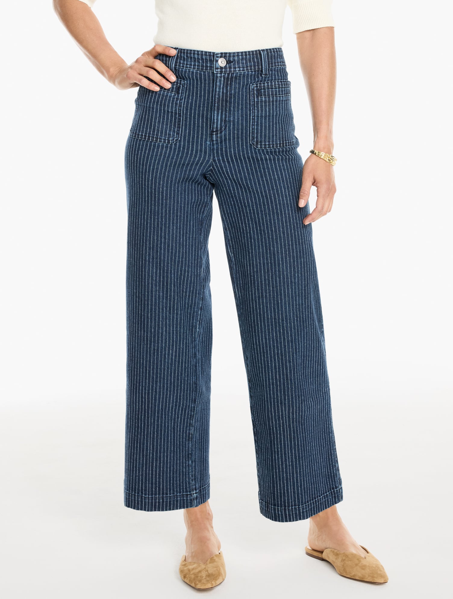 Wide Ankle Patch Pocket Jeans - Pinstripe