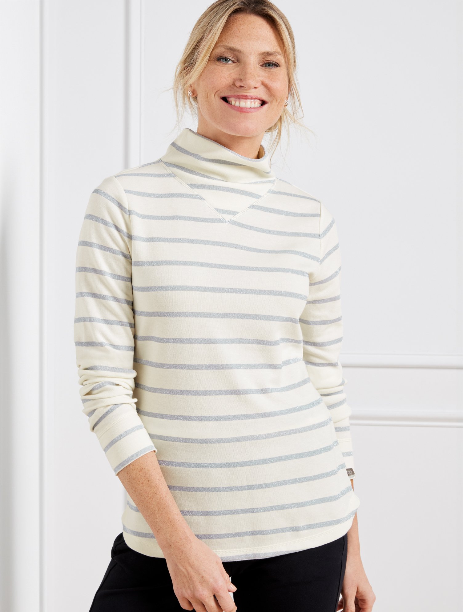 Talbots Supersoft Jersey Mockneck T-shirt - Metallic Trail Stripe - Ivory/silver - 3x  In Ivory,silver
