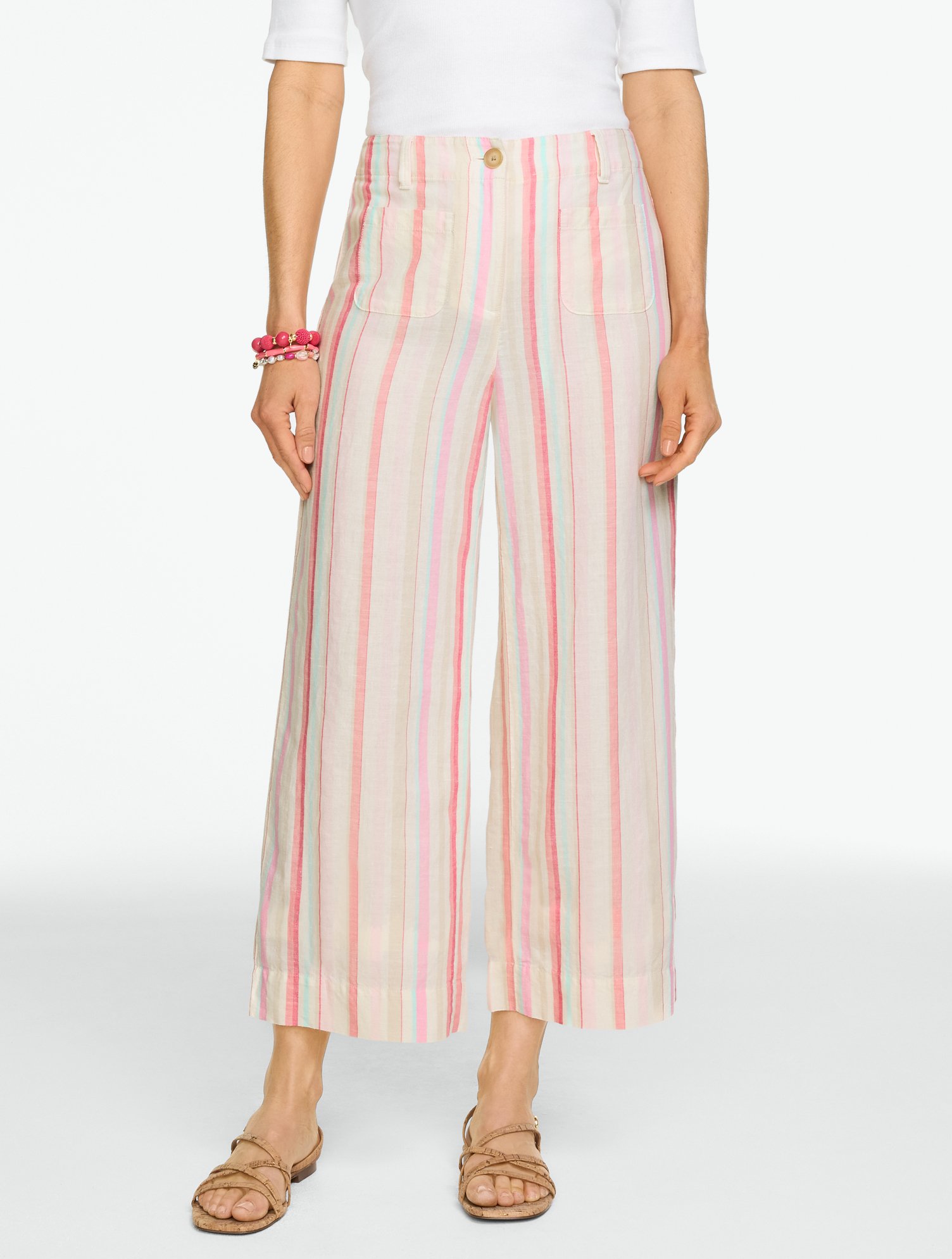 Washed Linen Wide Crop Patch Pocket Pants - Sweet Stripe