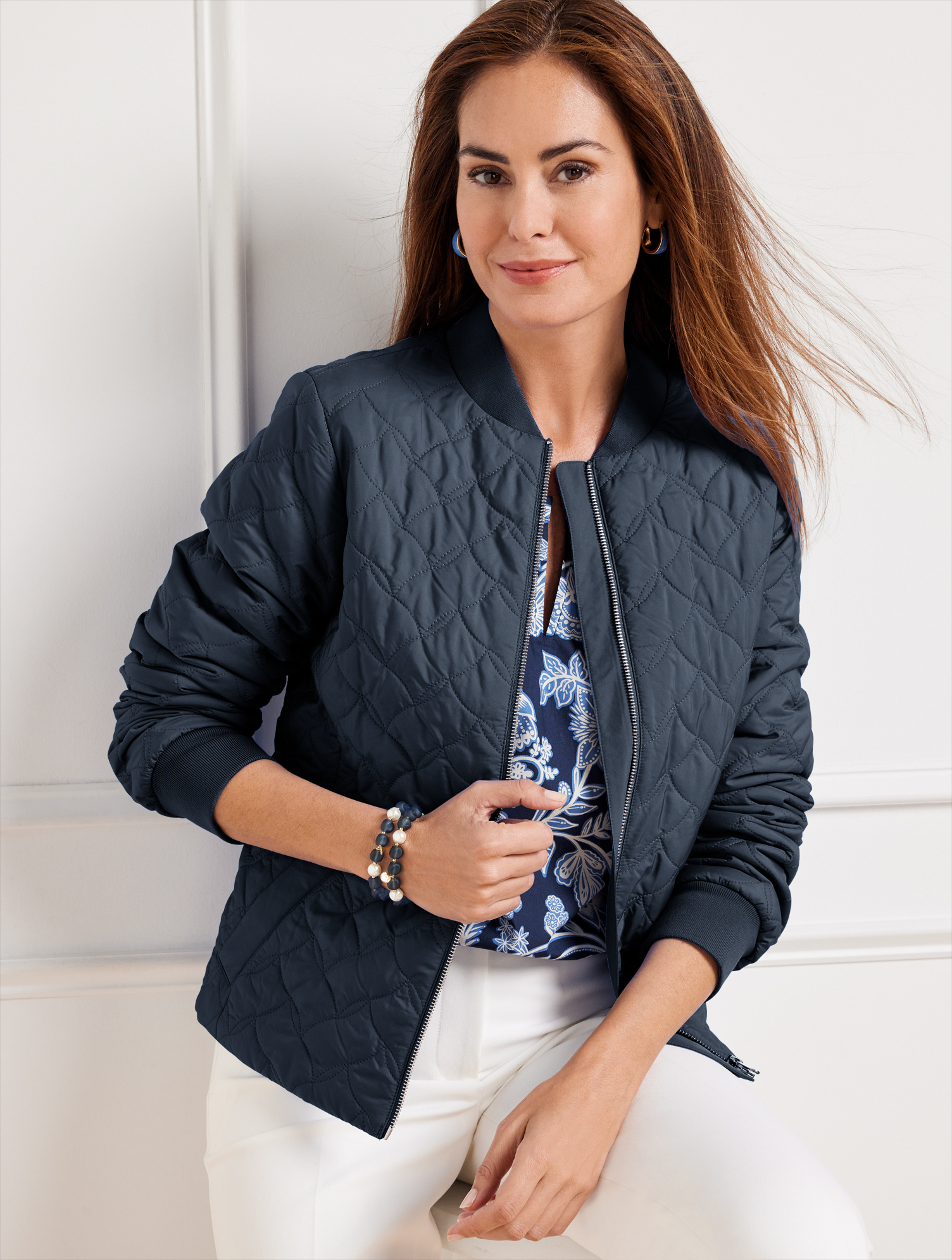 Talbots Plus Size - Quilted Bomber Jacket - Blue - 3x