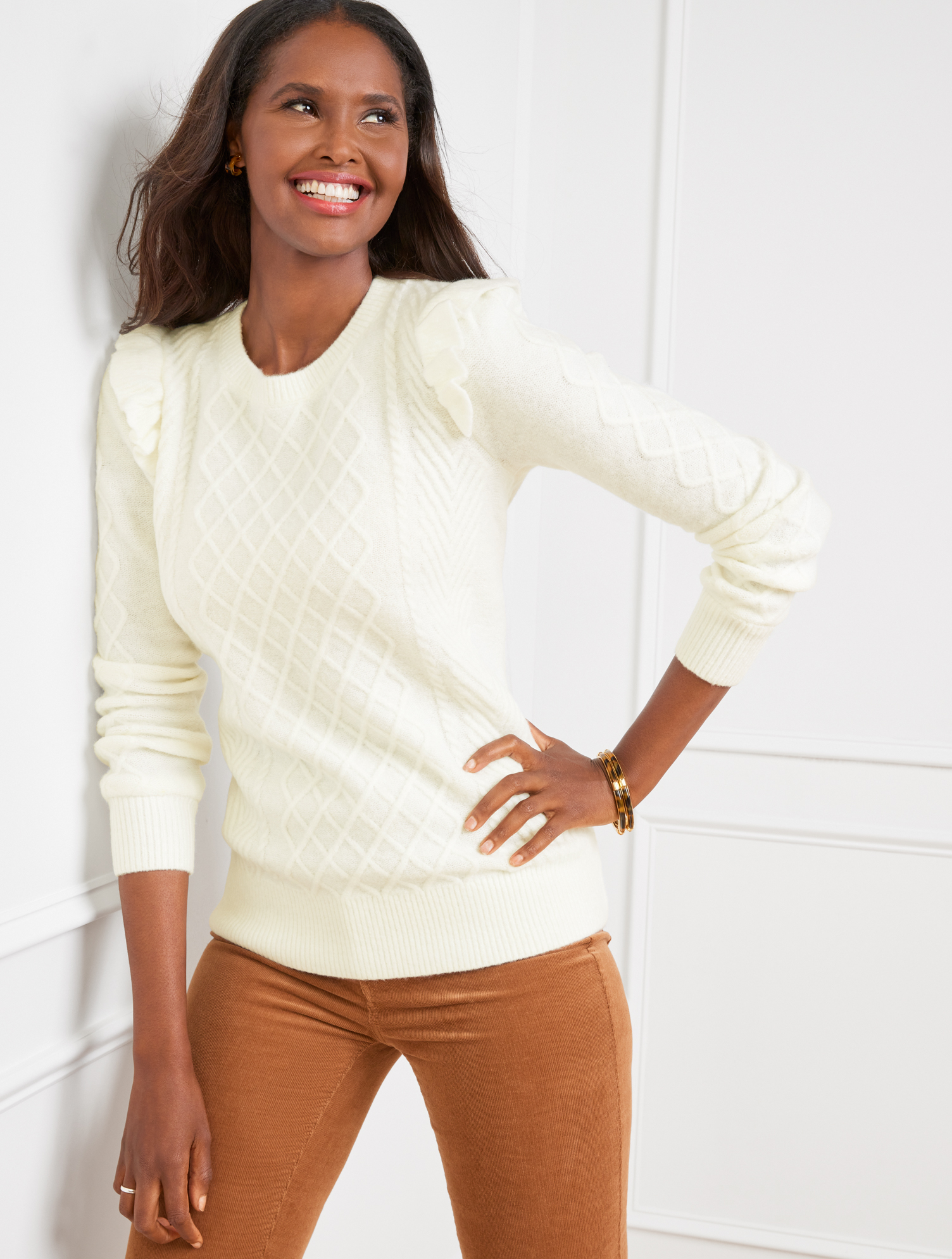 Cable Knit Ruffle Crewneck Sweater | Talbots
