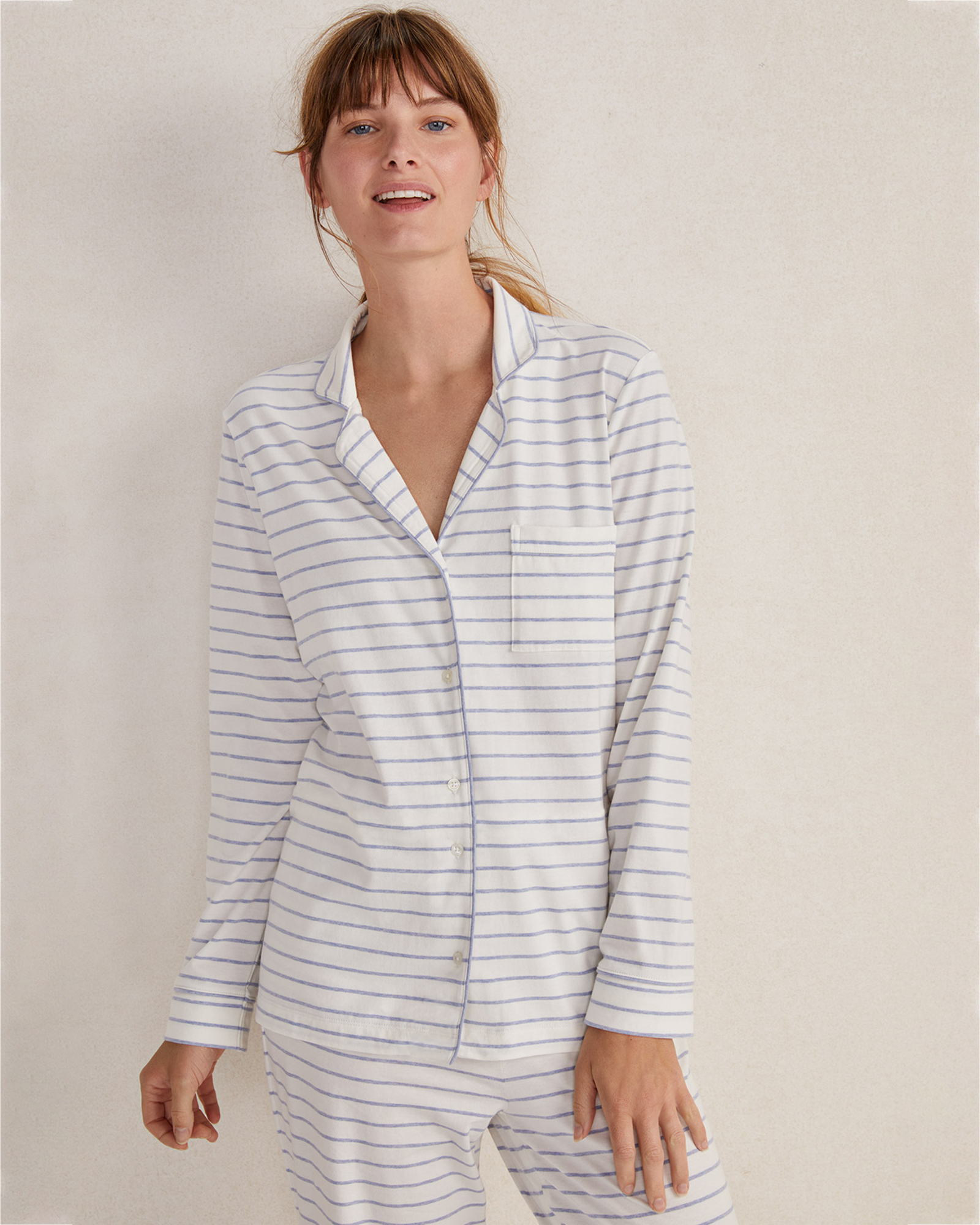 Talbots Organic Cotton Jersey Striped Pajama Shirt - Ivory/eventide Heather - Small  In White