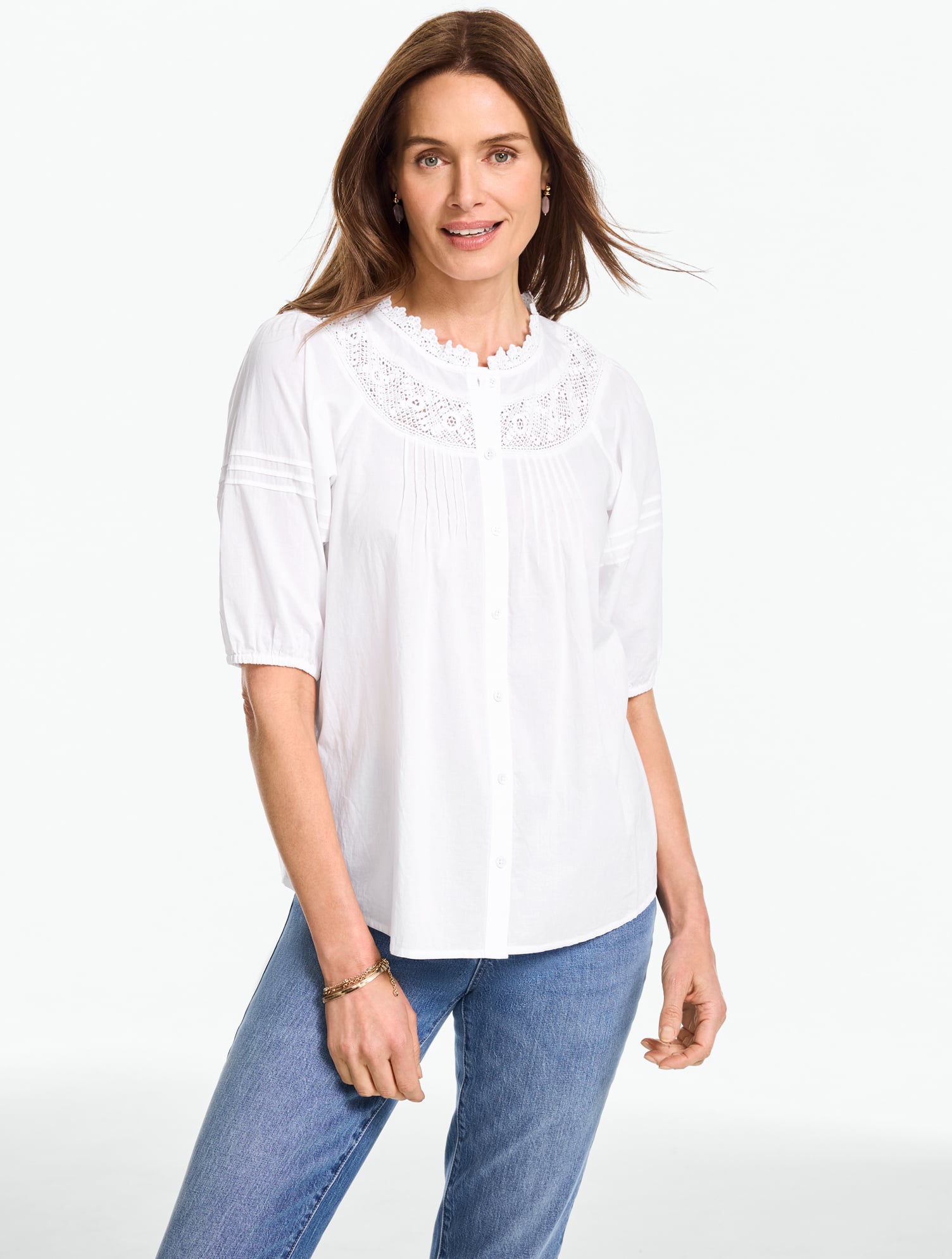 Lace Trim Button Front Voile Top | Talbots