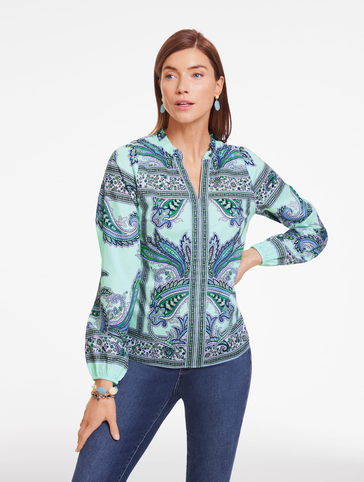Ruffle Neck Top - Floral Paisley