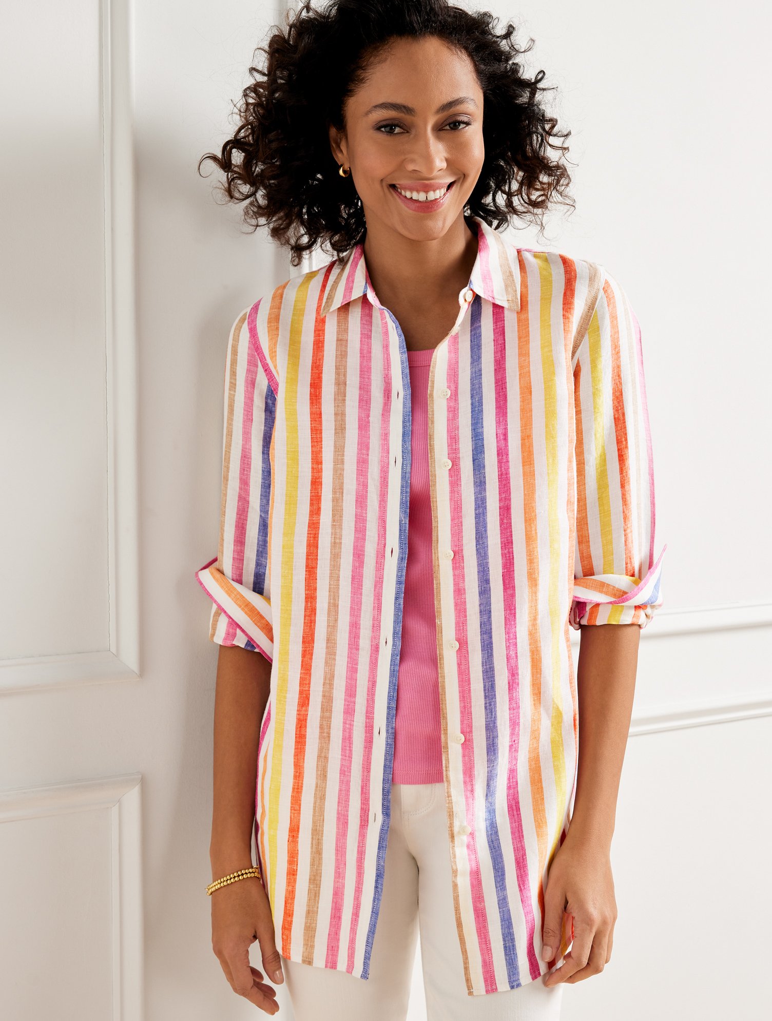 Talbots Linen Boyfriend Shirt - Rockport Stripe - Vivid Pink - 3x