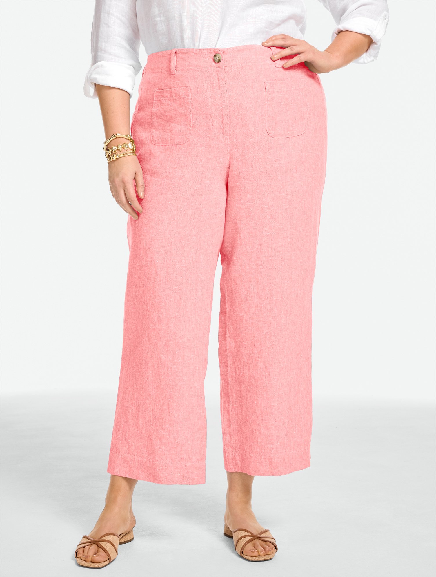 Washed Linen Wide Crop Patch Pocket Pants - Cross-Dyed