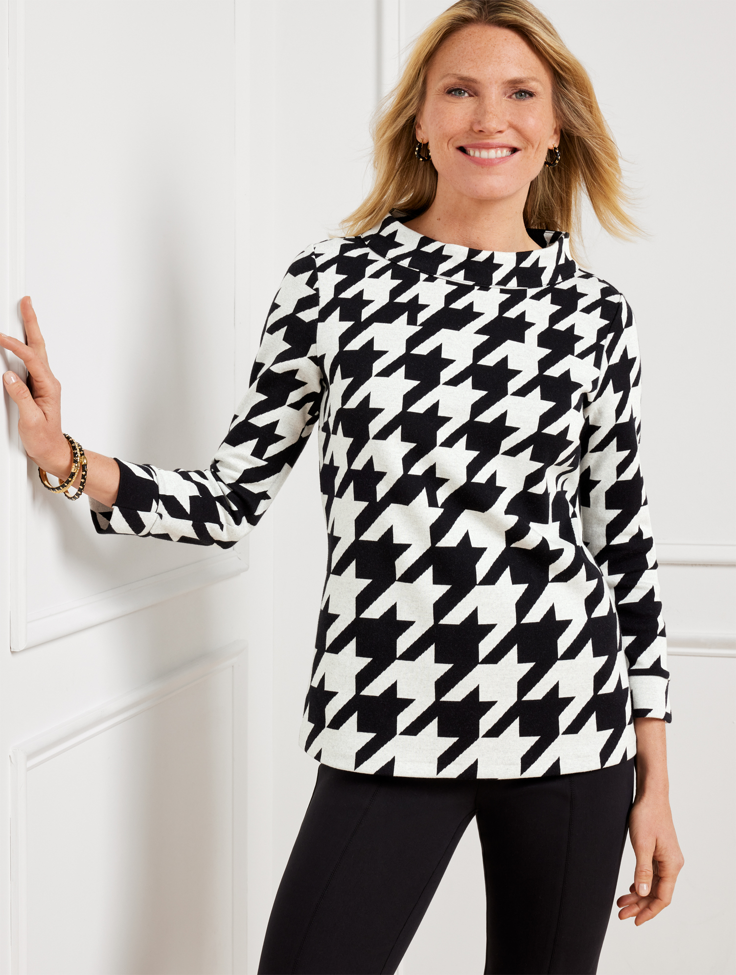 Talbots Plus Size - Houndstooth Jacquard Top - Black/ivory - 1x  In Black,ivory