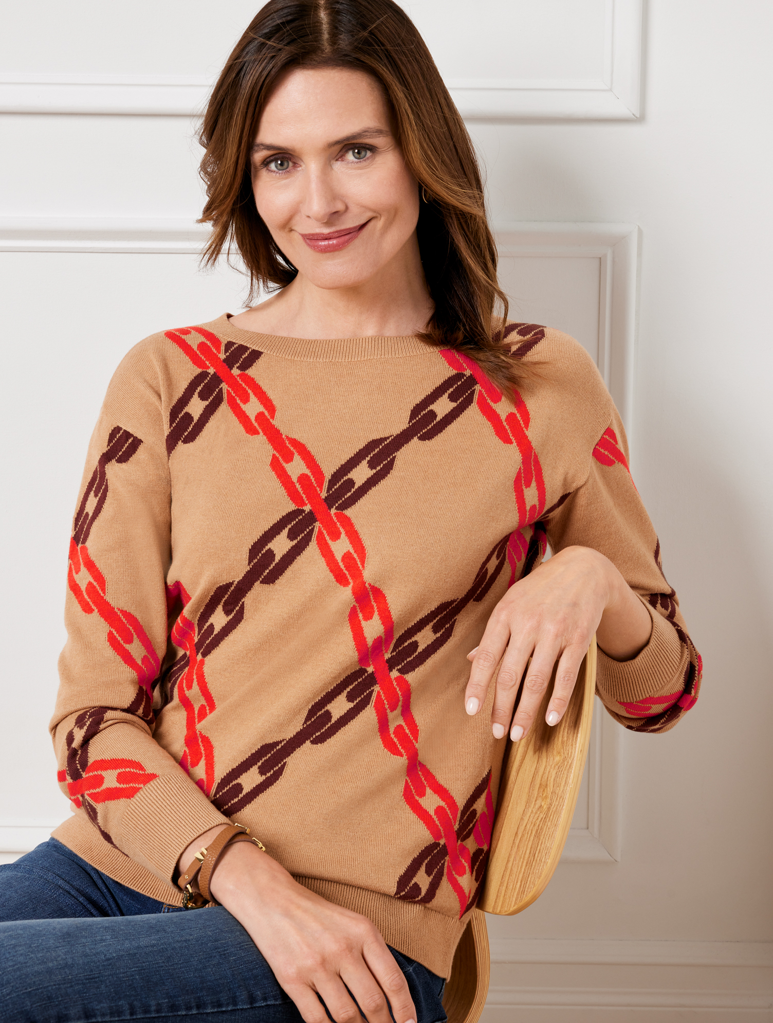 Talbots Plus Size - Boatneck Pullover Sweater - Jacquard Chains - Camel Heather - 3x