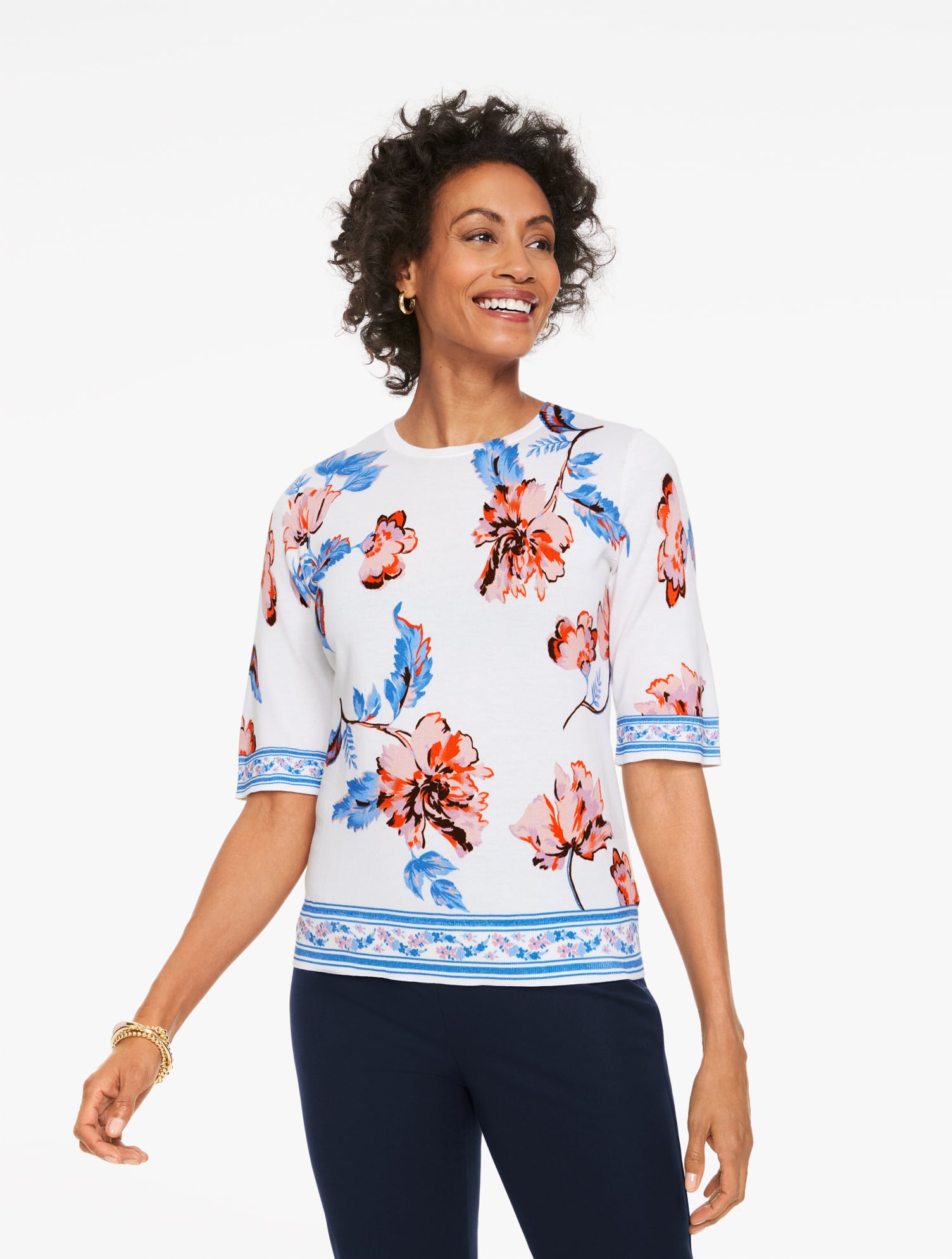 Elbow Sleeve Crewneck Sweater - Vivid Blooms | Talbots