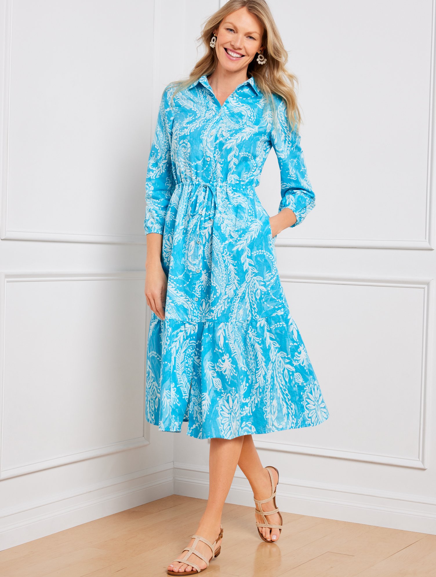 Linen Blend Shirtdress Brushed Paisley Talbots