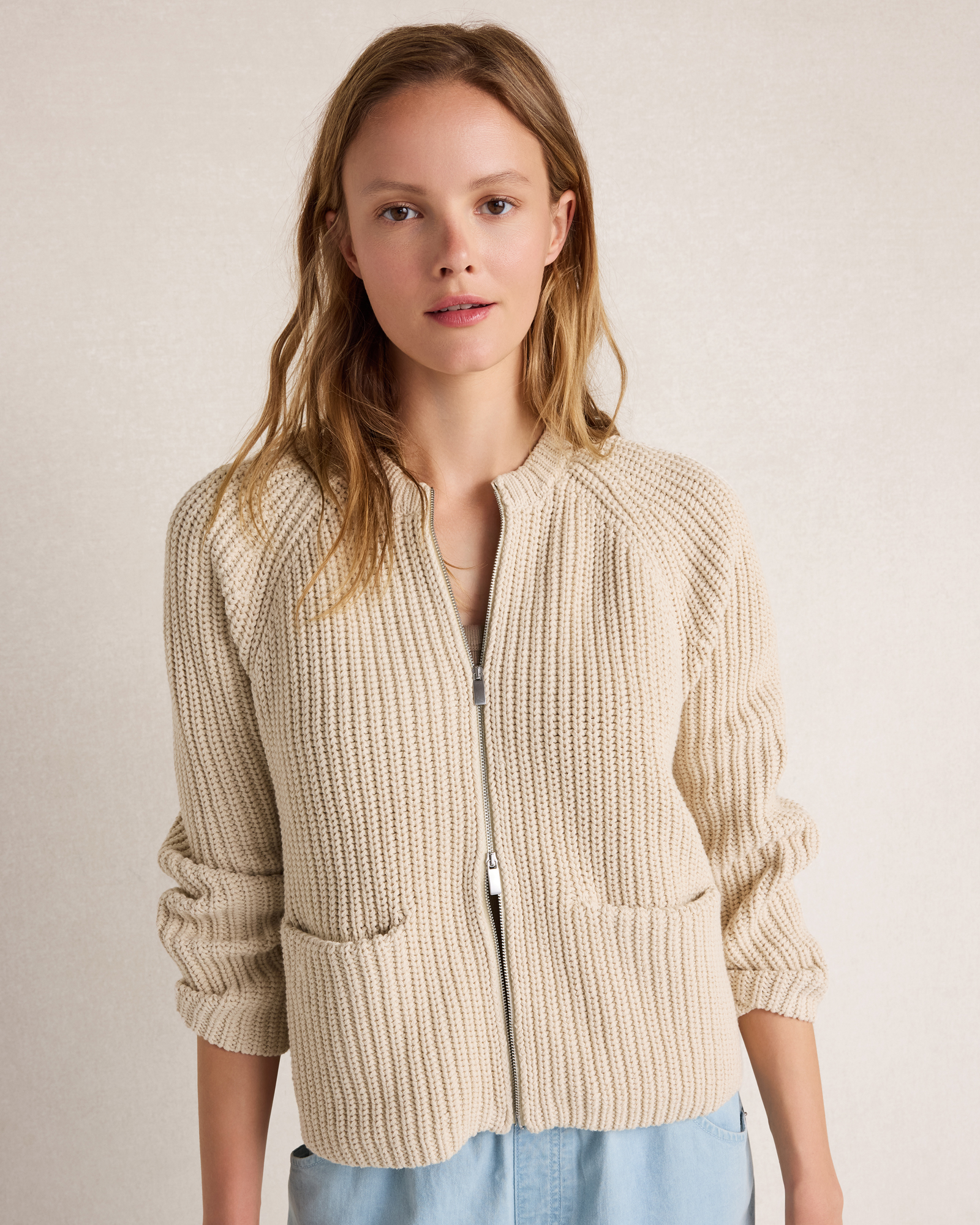 Cotton Blend Shaker Stitch Bomber Jacket