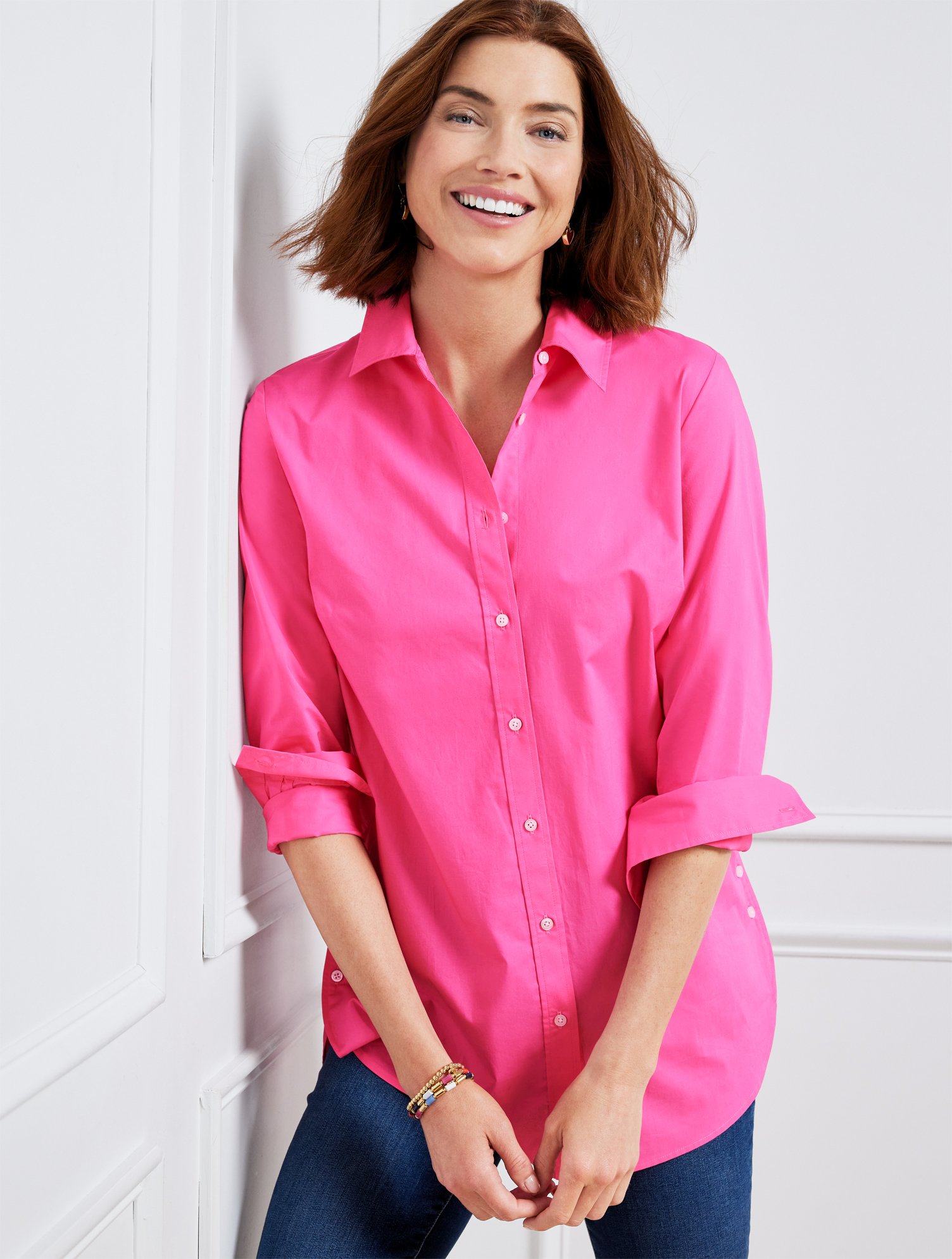 Talbots Side Button Boyfriend Shirt - Pink Geranium - Medium - 100% Cotton