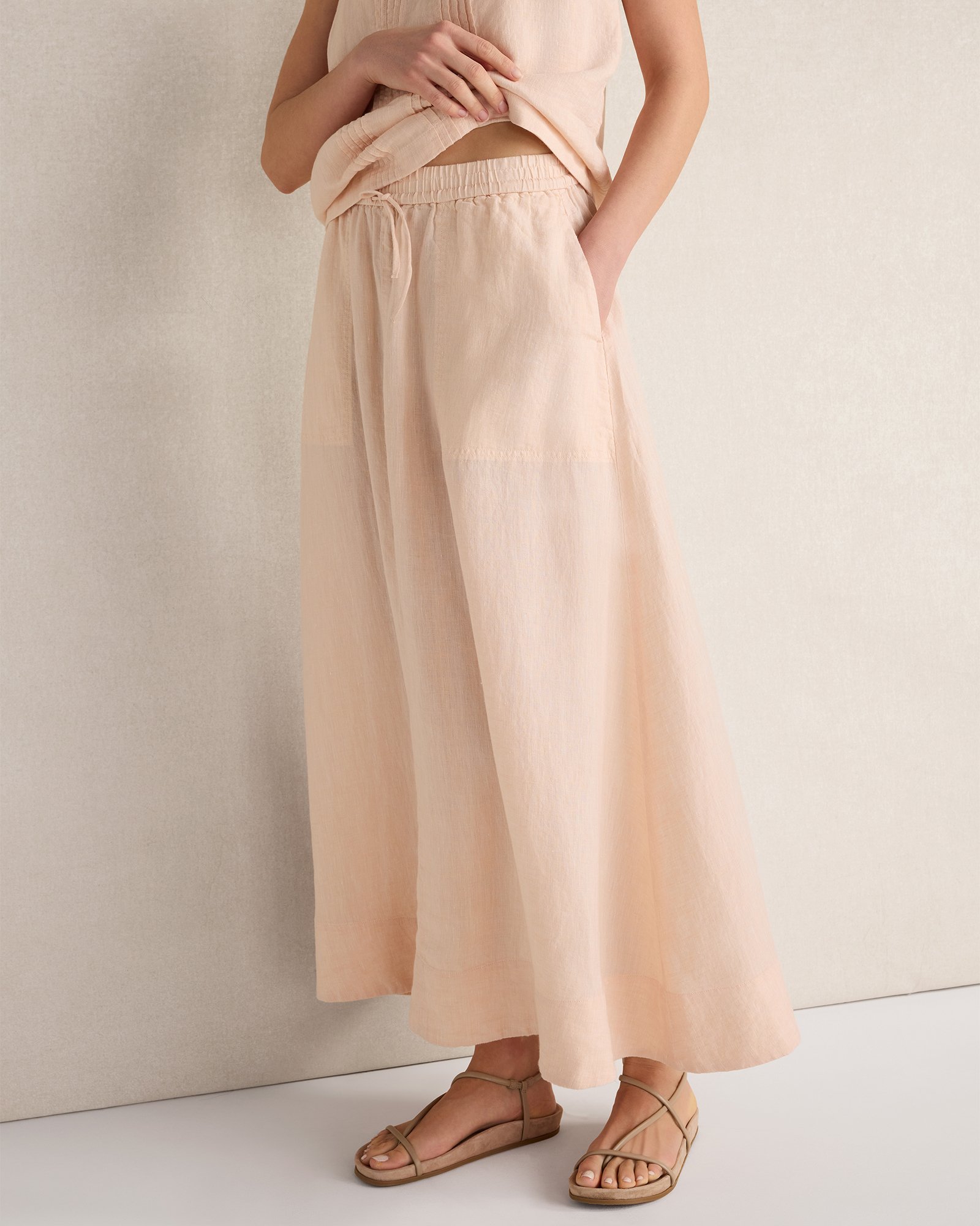 Linen Drawstring Midi Skirt