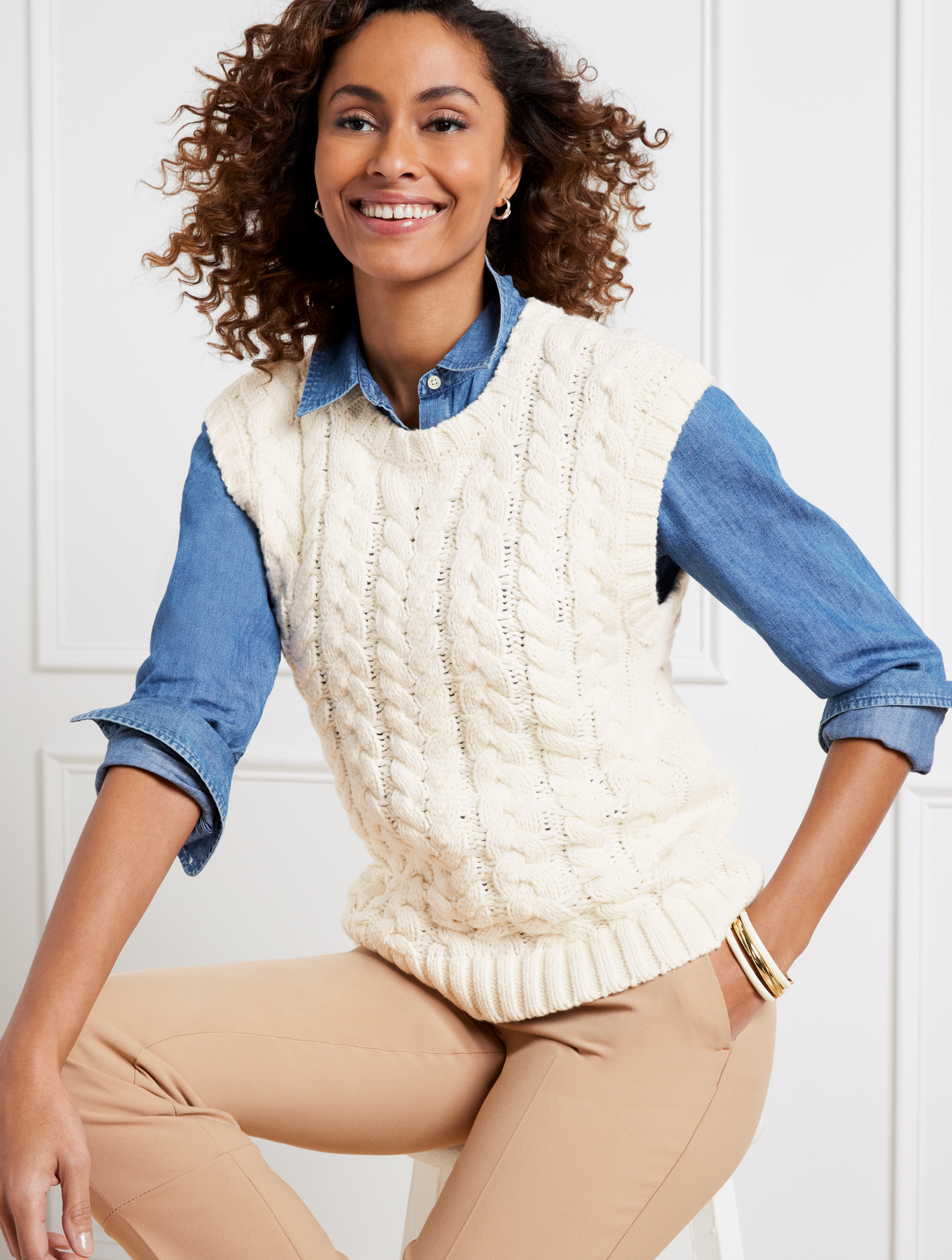 Cable Knit V-Neck Vest | Talbots