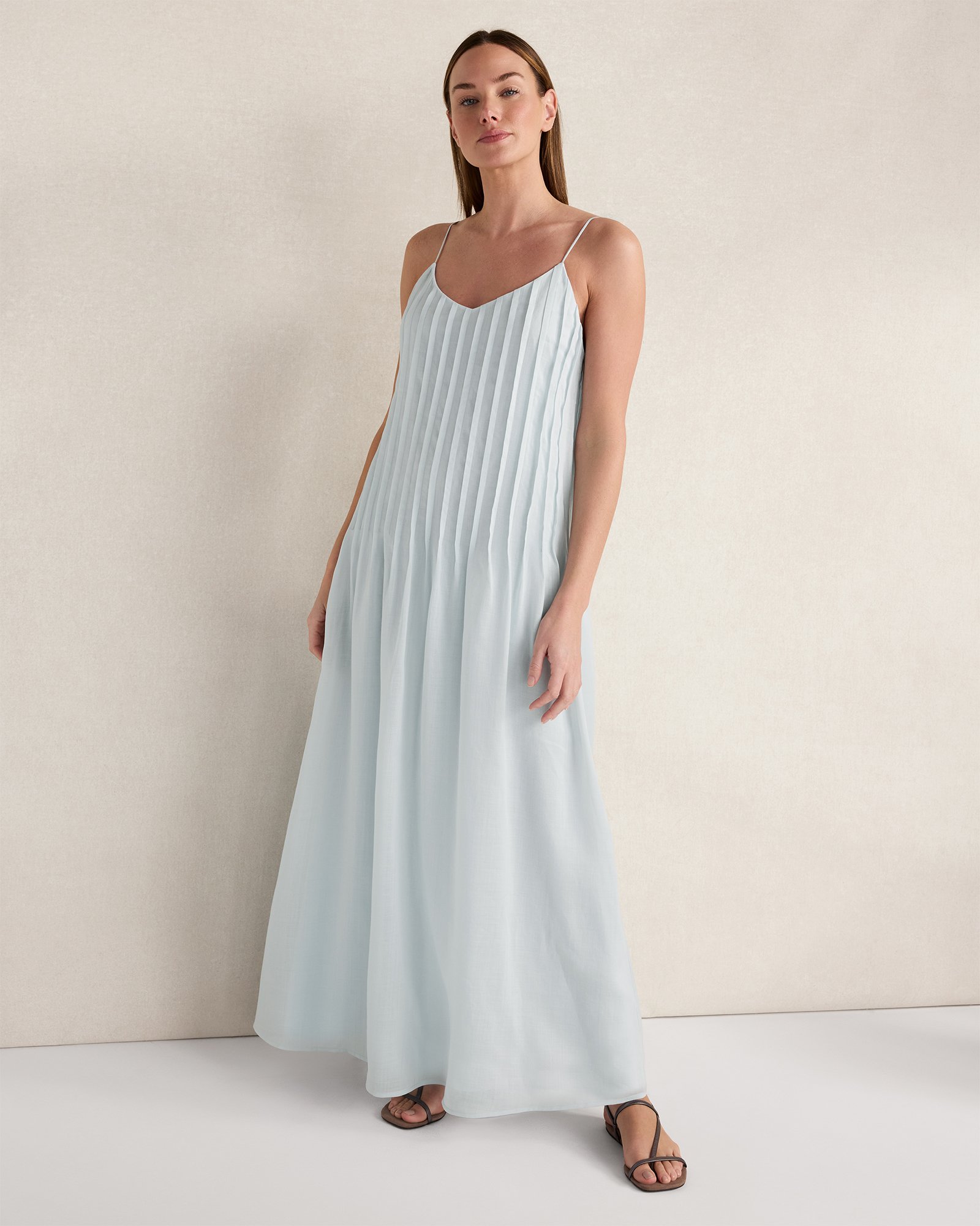 Ramie Blend Pintuck Maxi Dress