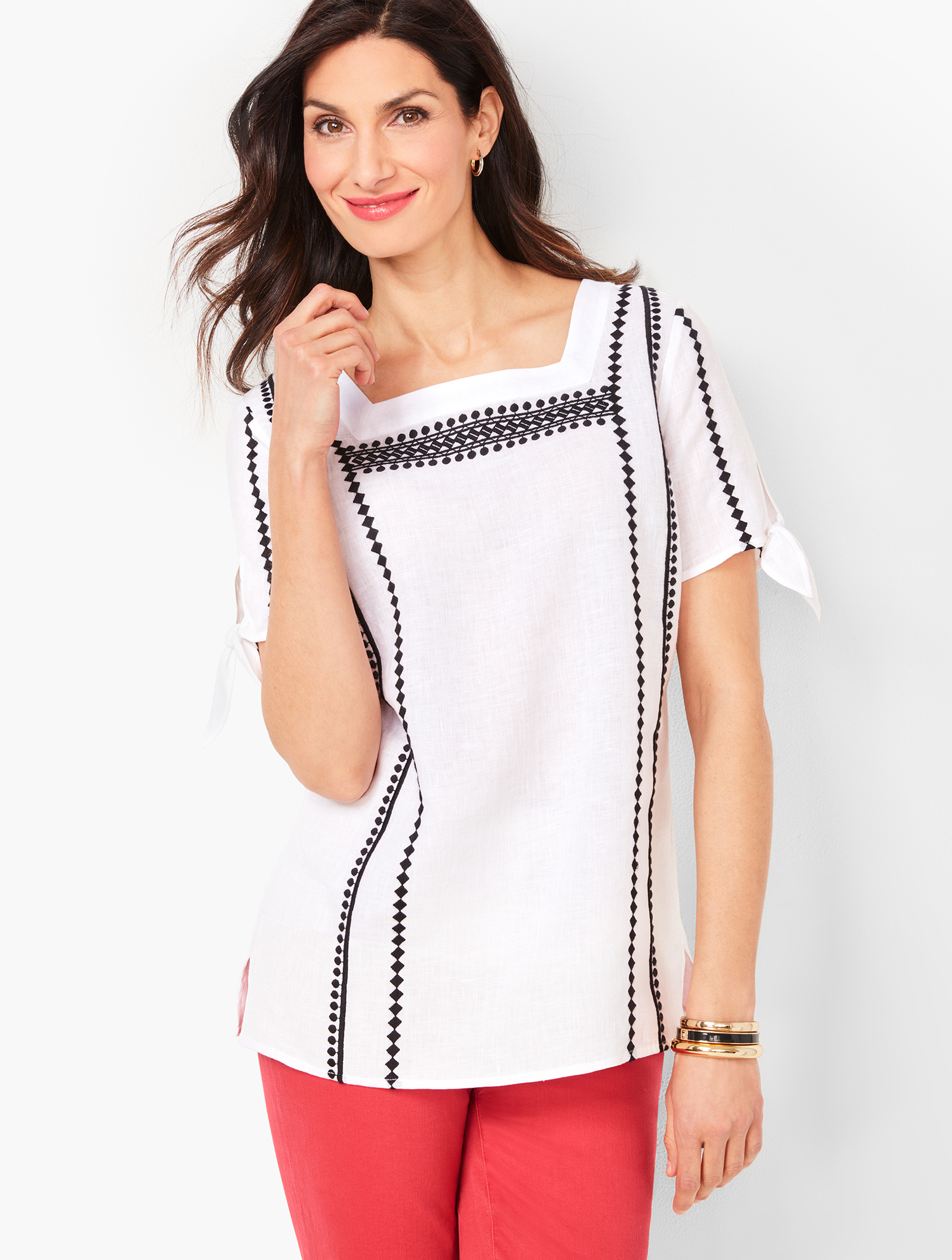 Square-Neck Embroidered Linen Top - Piece Dyed | Talbots