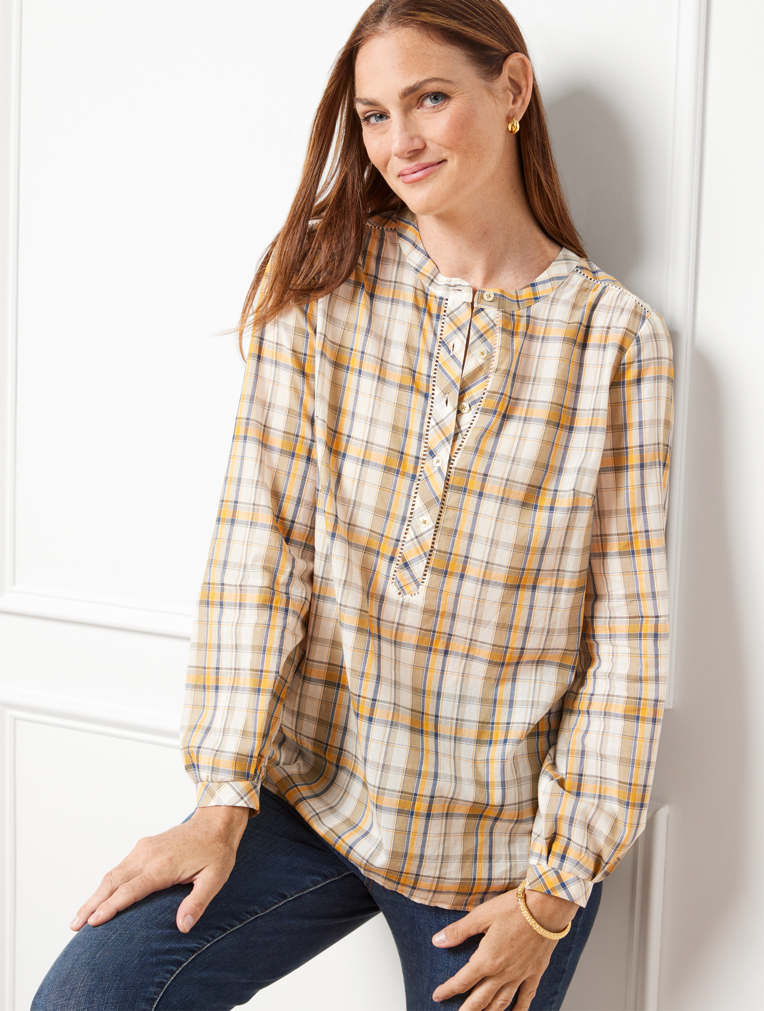 Talbots Plus Size - Band Collar Popover Shirt - Sunny Plaid - Sage Leaf - 2x - 100% Cotton