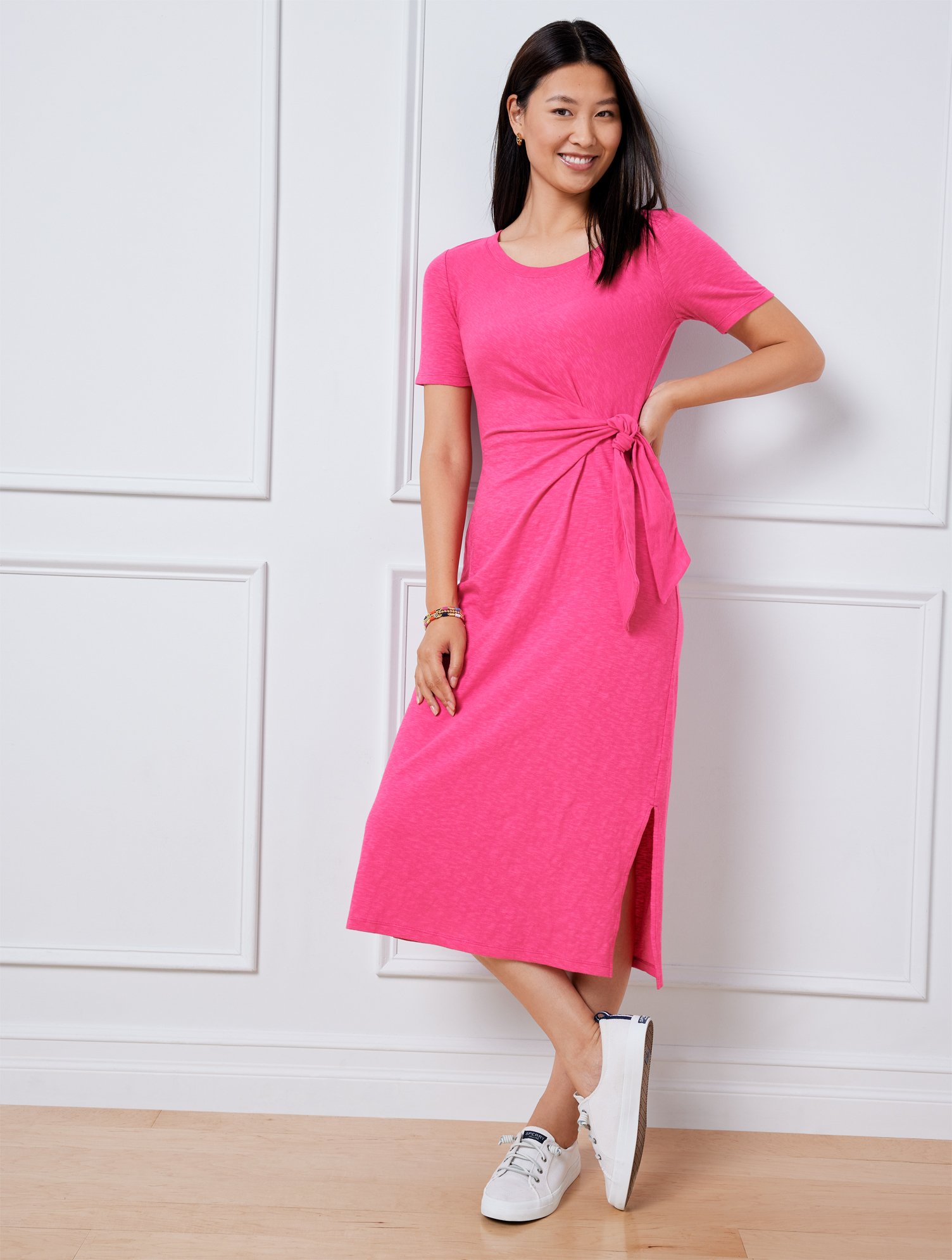Talbots Nantucket Slub Side Tie Midi Dress - Vivid Pink - Xl - 100% Cotton