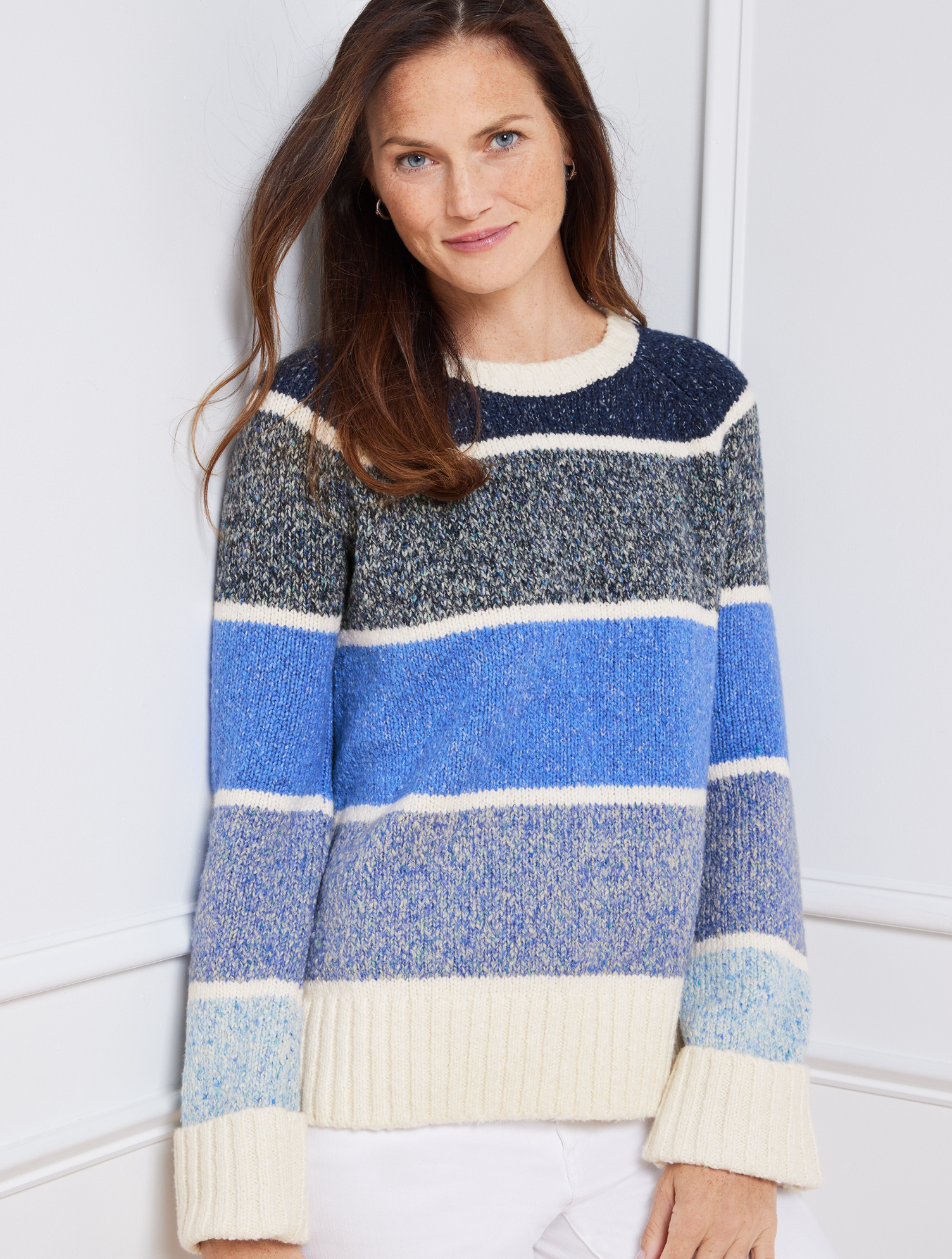 Talbots Multi Stripe Crewneck Tweed Sweater - Bluebell - 3x