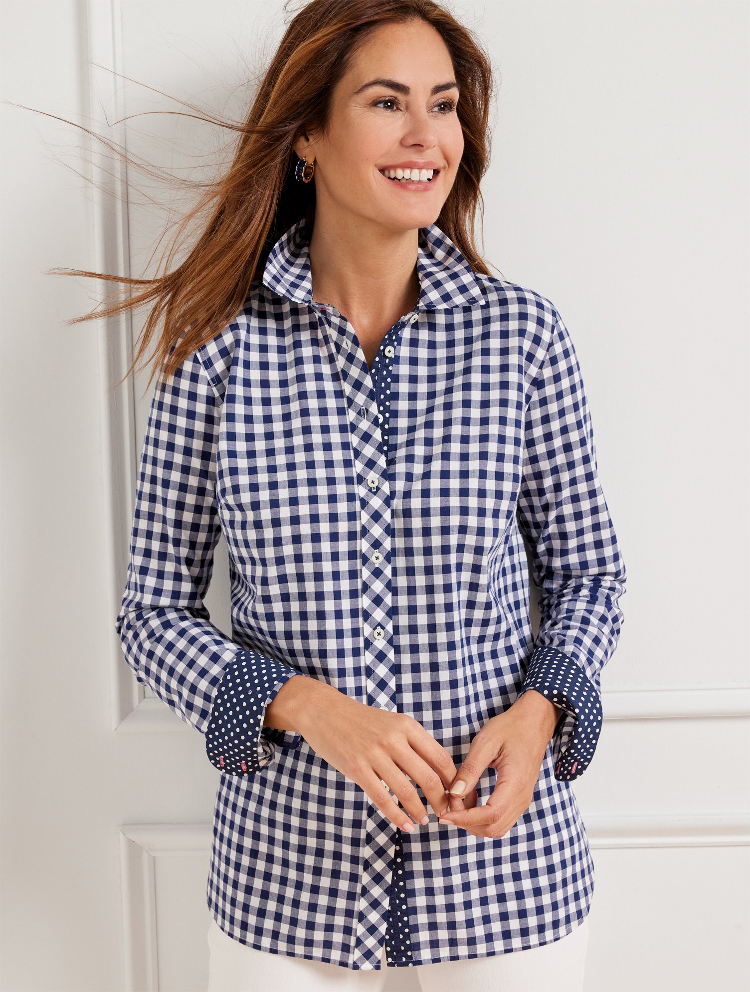 Talbots Cotton Button Front Shirt - Picnic Gingham - Ink/white - Xs  In Ink,white