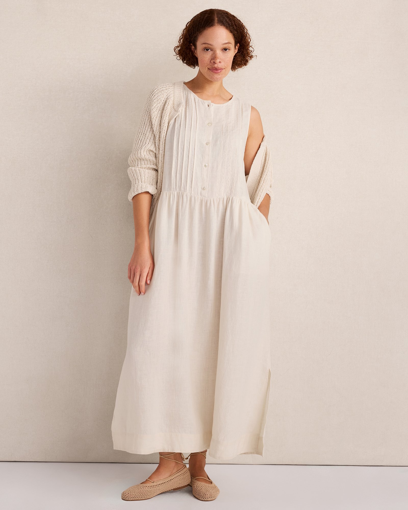 Linen Pintuck Midi Dress