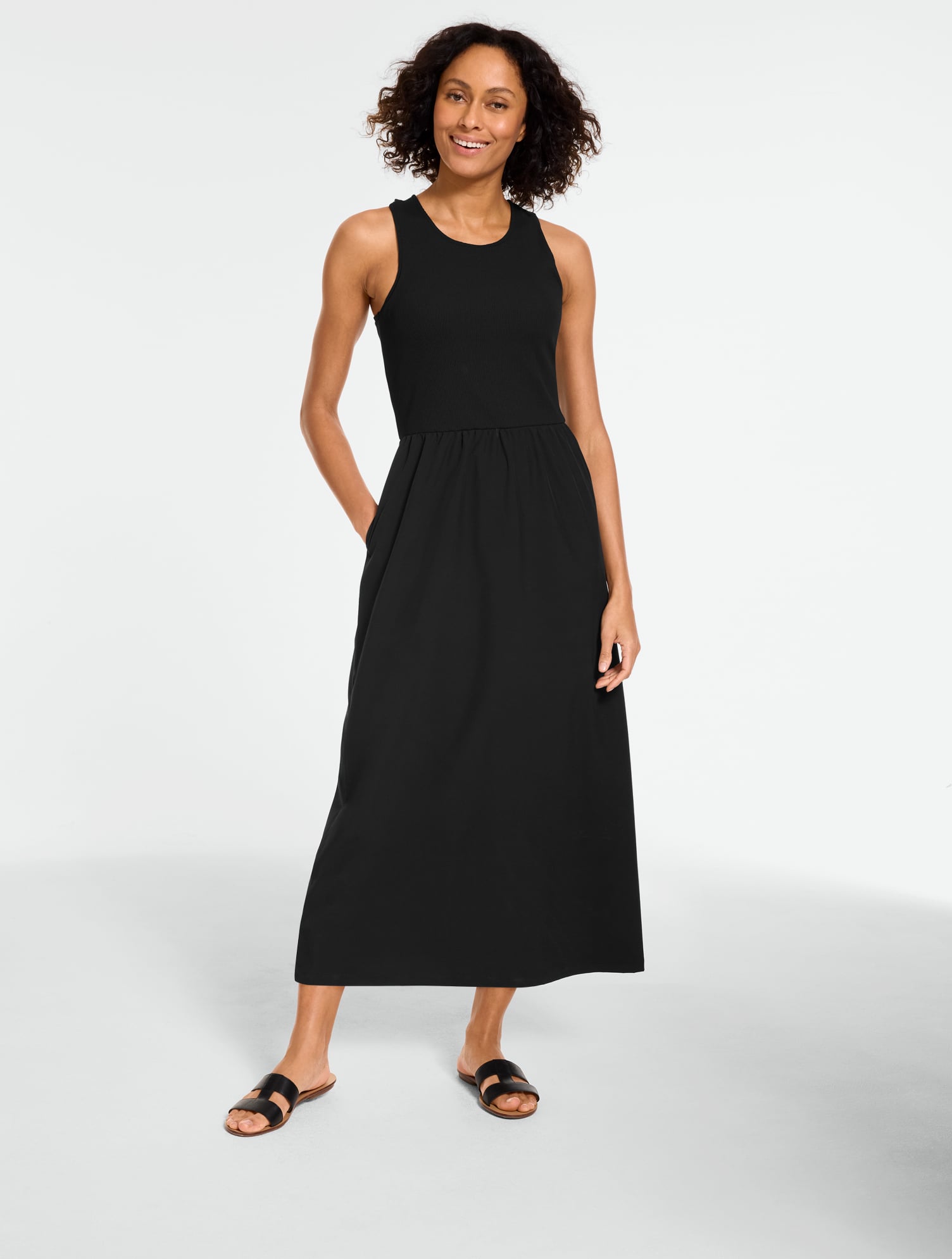 Mixed Media Crew Neck Midi Dress - Black - Medium Talbots