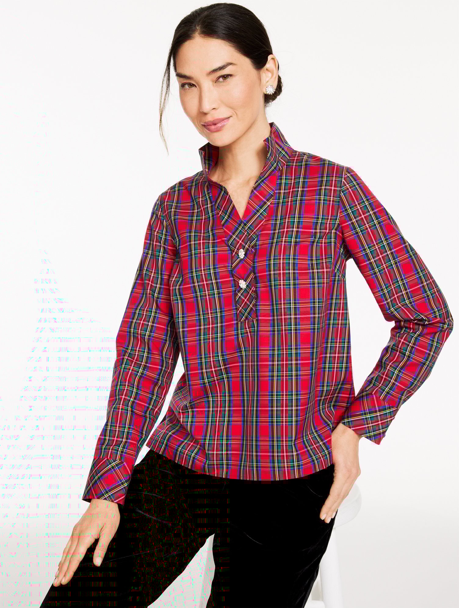 Talbots Plus Size - Rhinestone Non-iron Popover Shirt - Blissful Plaid - Red - 2x In Red