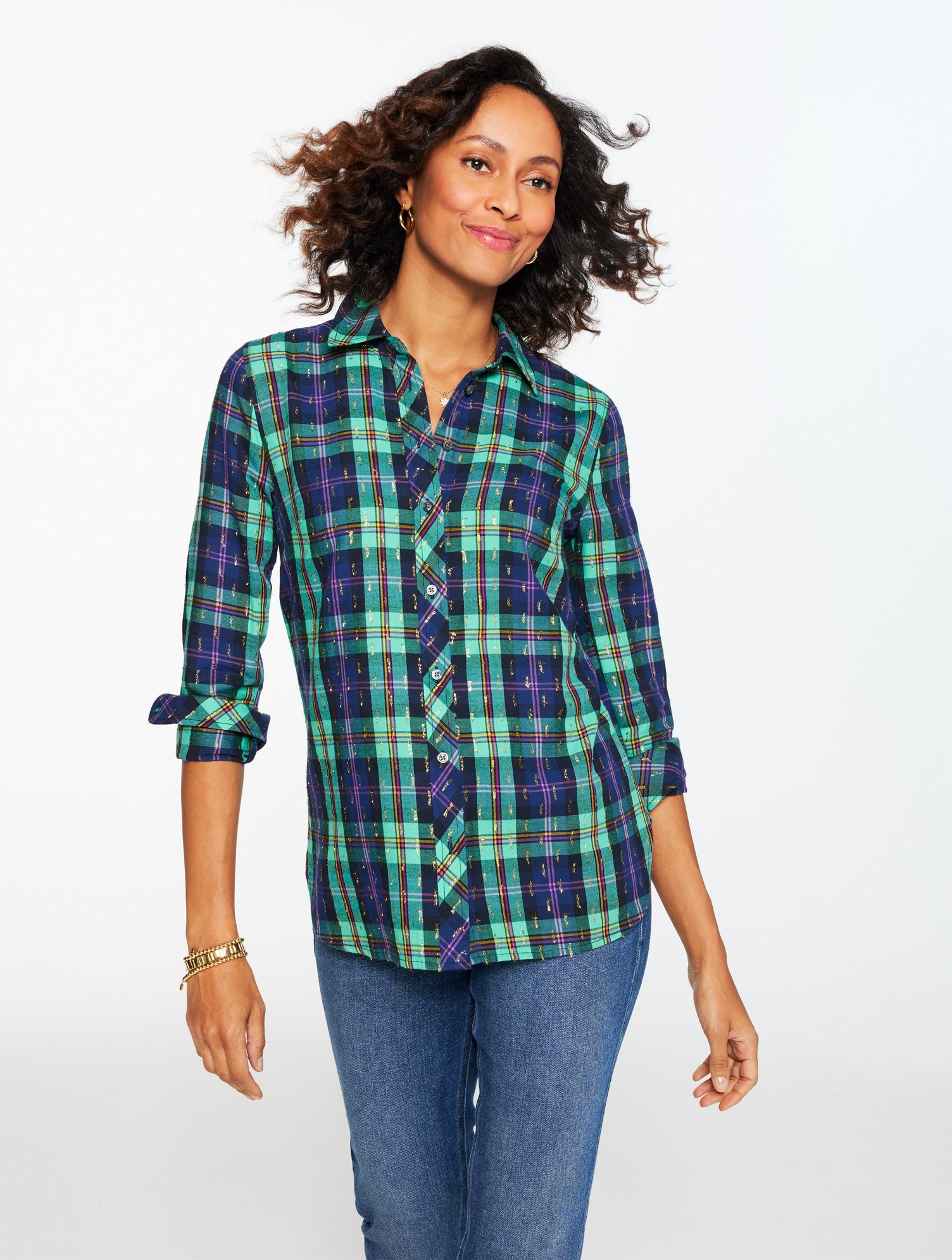 Talbots Plus Petite - Metallic Modern Classic Shirt - Cheerful Plaid - Ink - 3x In Black