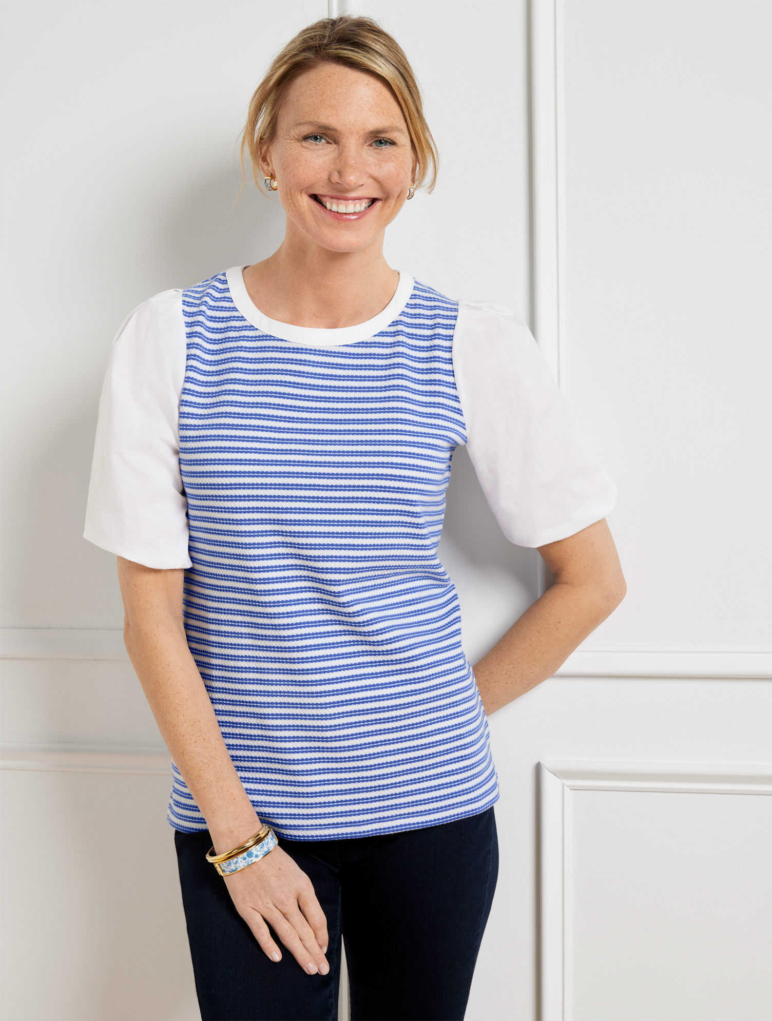 Talbots Petite - Woven Sleeve Crewneck T-shirt - Scallop Stripe - White/biscayne Blue - Large  In White,biscayne Blue