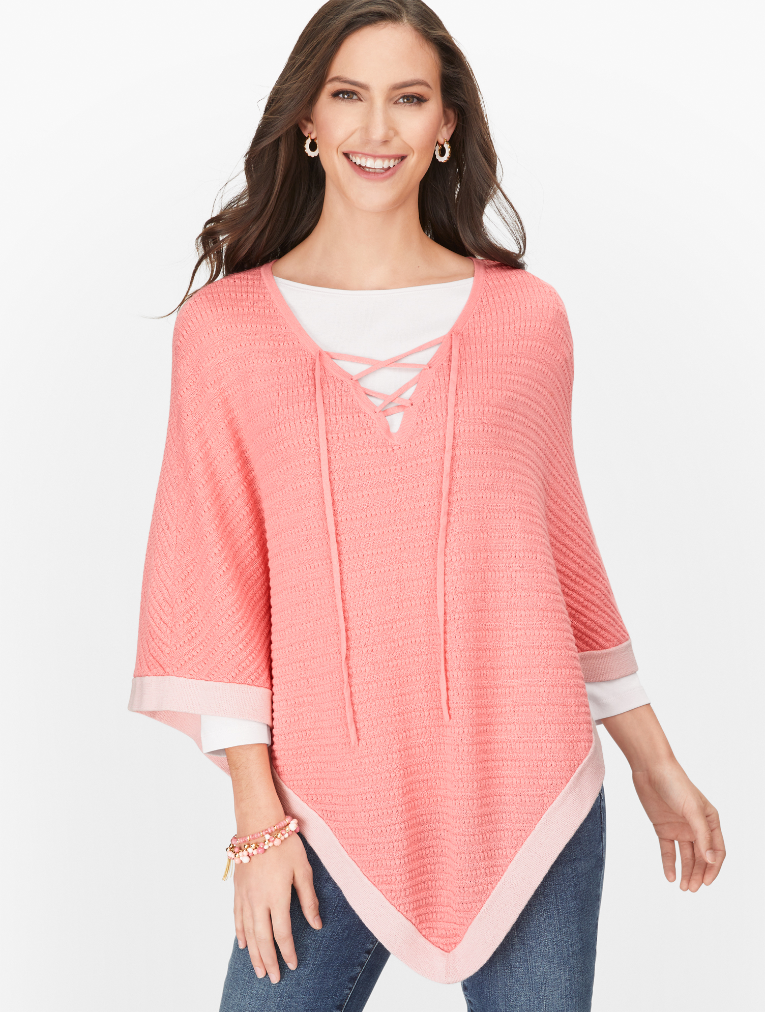 Talbots Lace-up Poncho - Tipped - Preppy Pink/blush Pink - Xs  In Preppy Pink,blush Pink