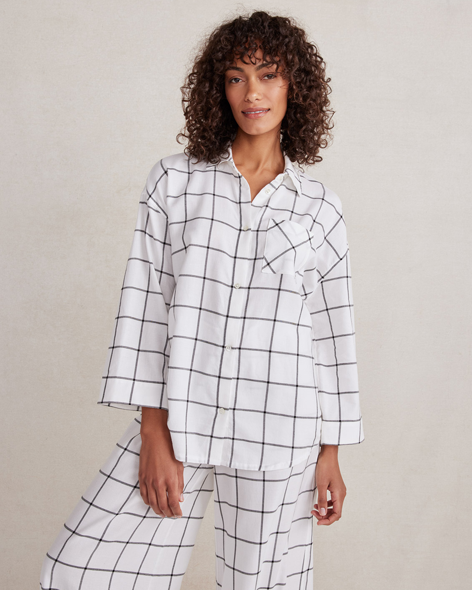 Talbots Ecoveroâ¢ Flannel Windowpane Pajama Shirt - Ivory/black - Xs  In White