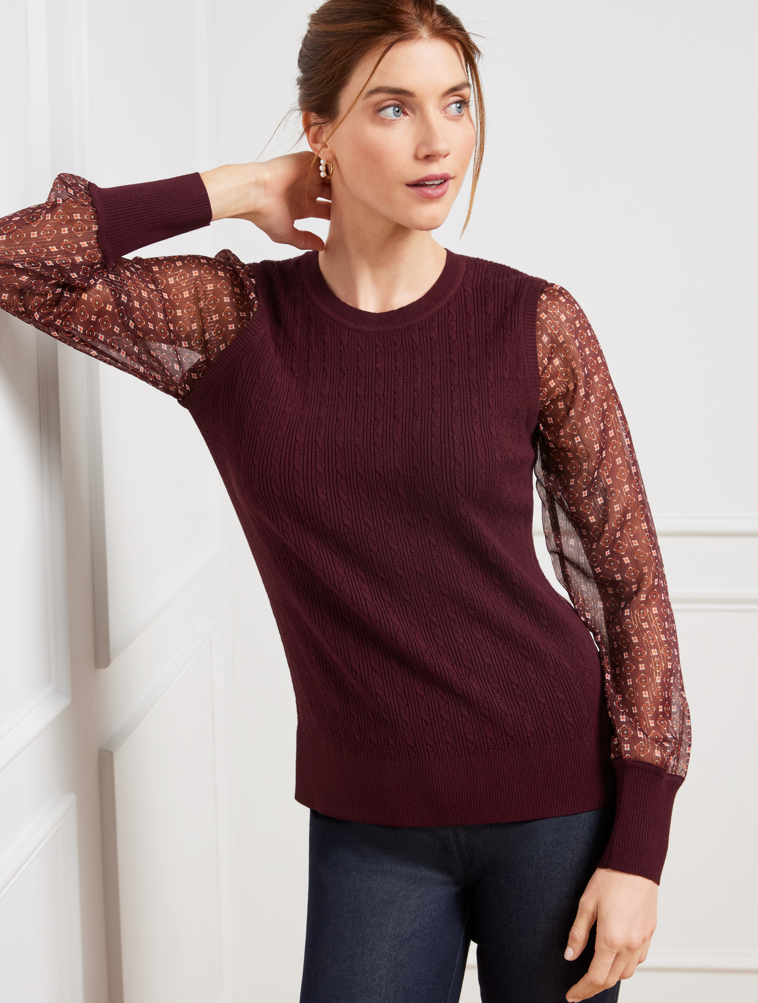 Talbots Woven Sleeve Crewneck Sweater Pullover - Printed - Rich Burgundy - Small