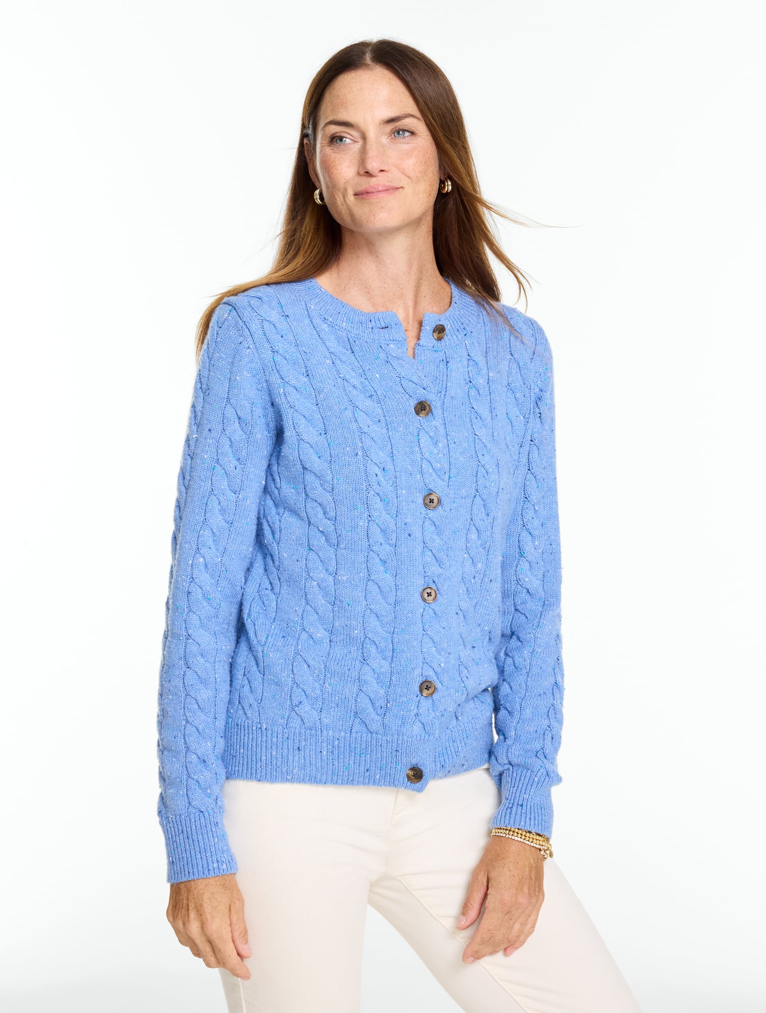 Tweed Cable Knit Crewneck Cardigan