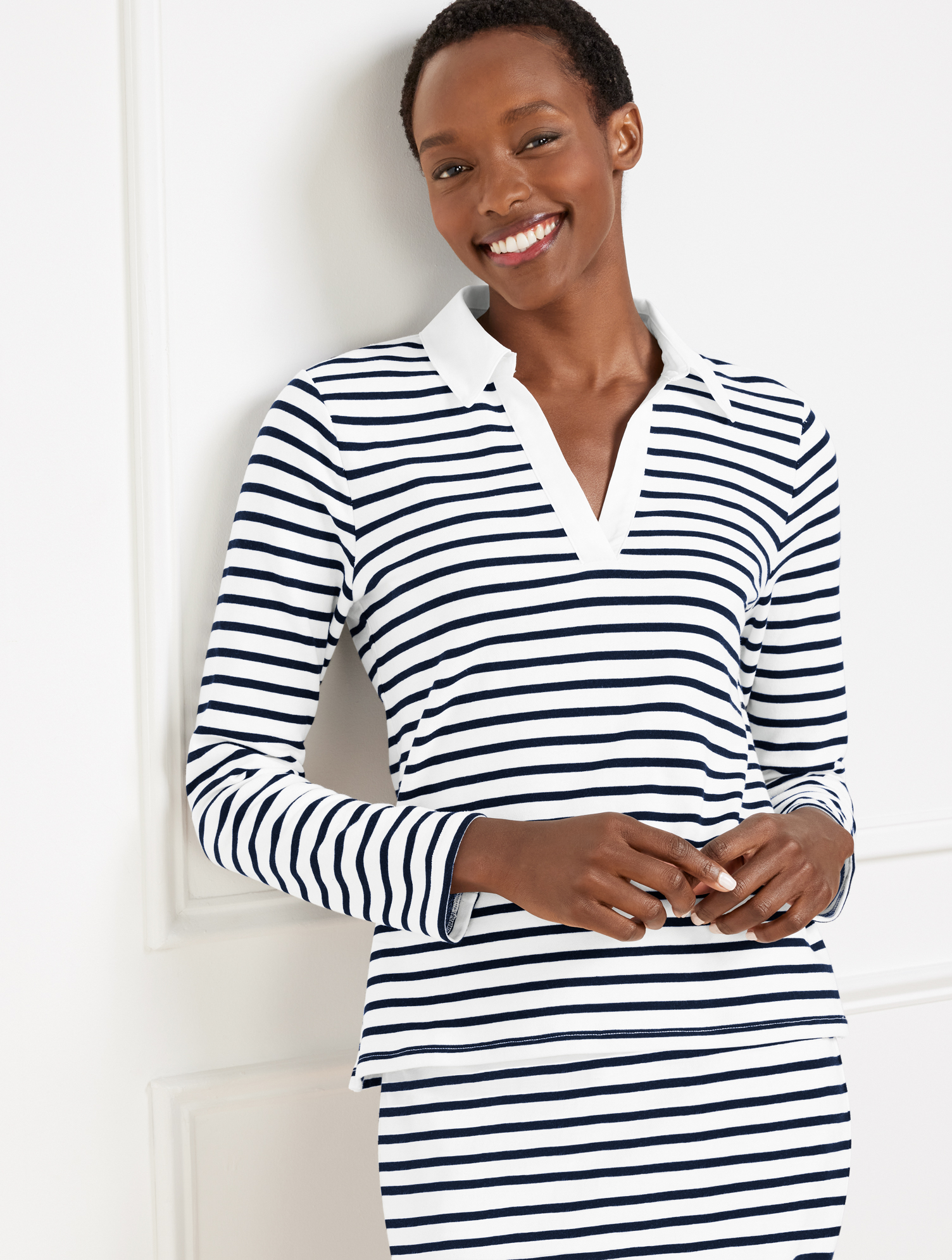 Seaside French Terry Stripe Johnny Collar Pullover | Talbots