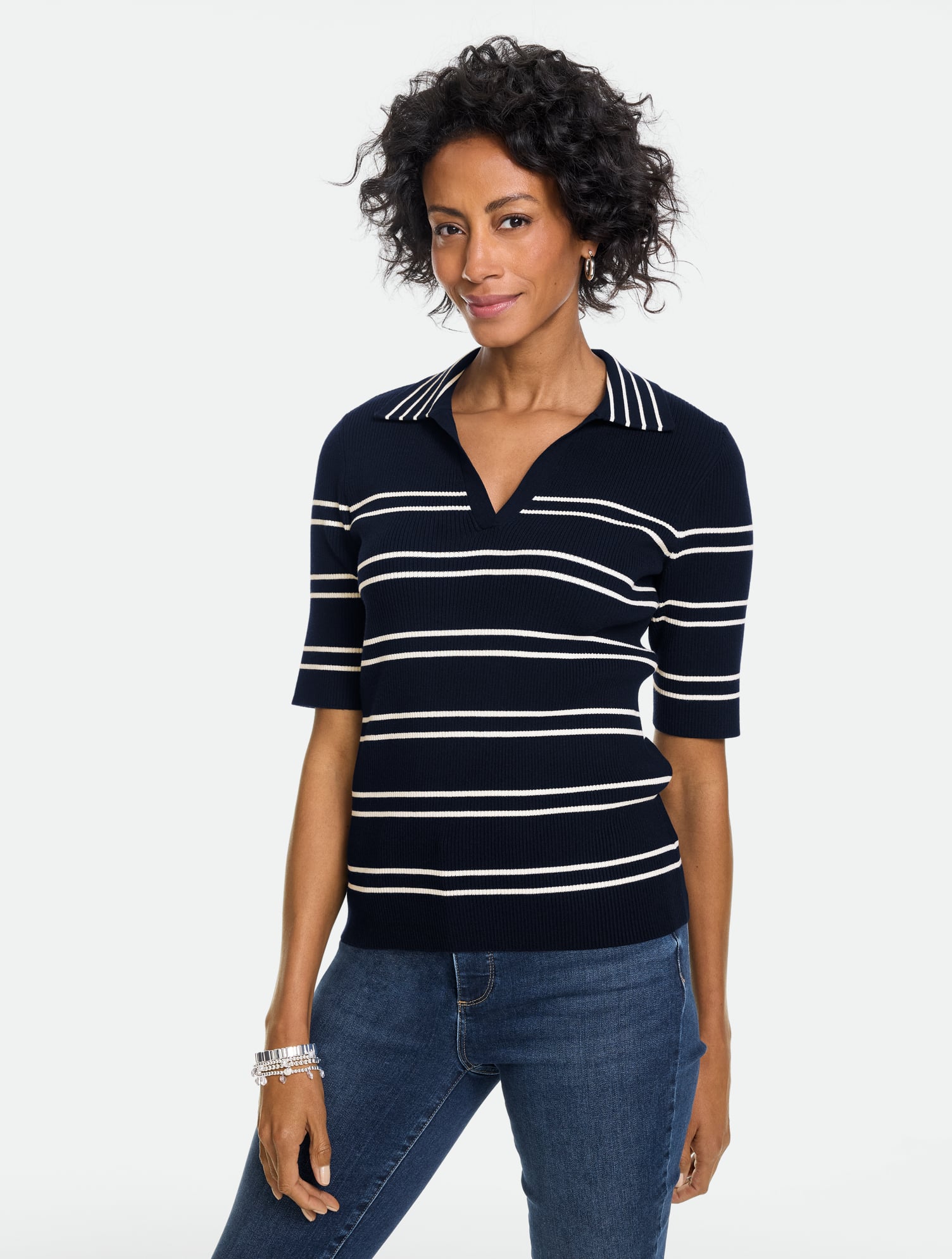 Ribbed Elbow Sleeve Polo - Stripe