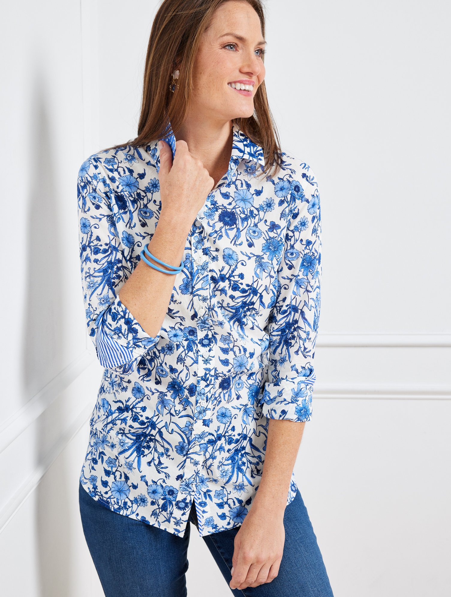 Talbots Cotton Button Front Shirt - Whimsical Garden - Ivory/blue