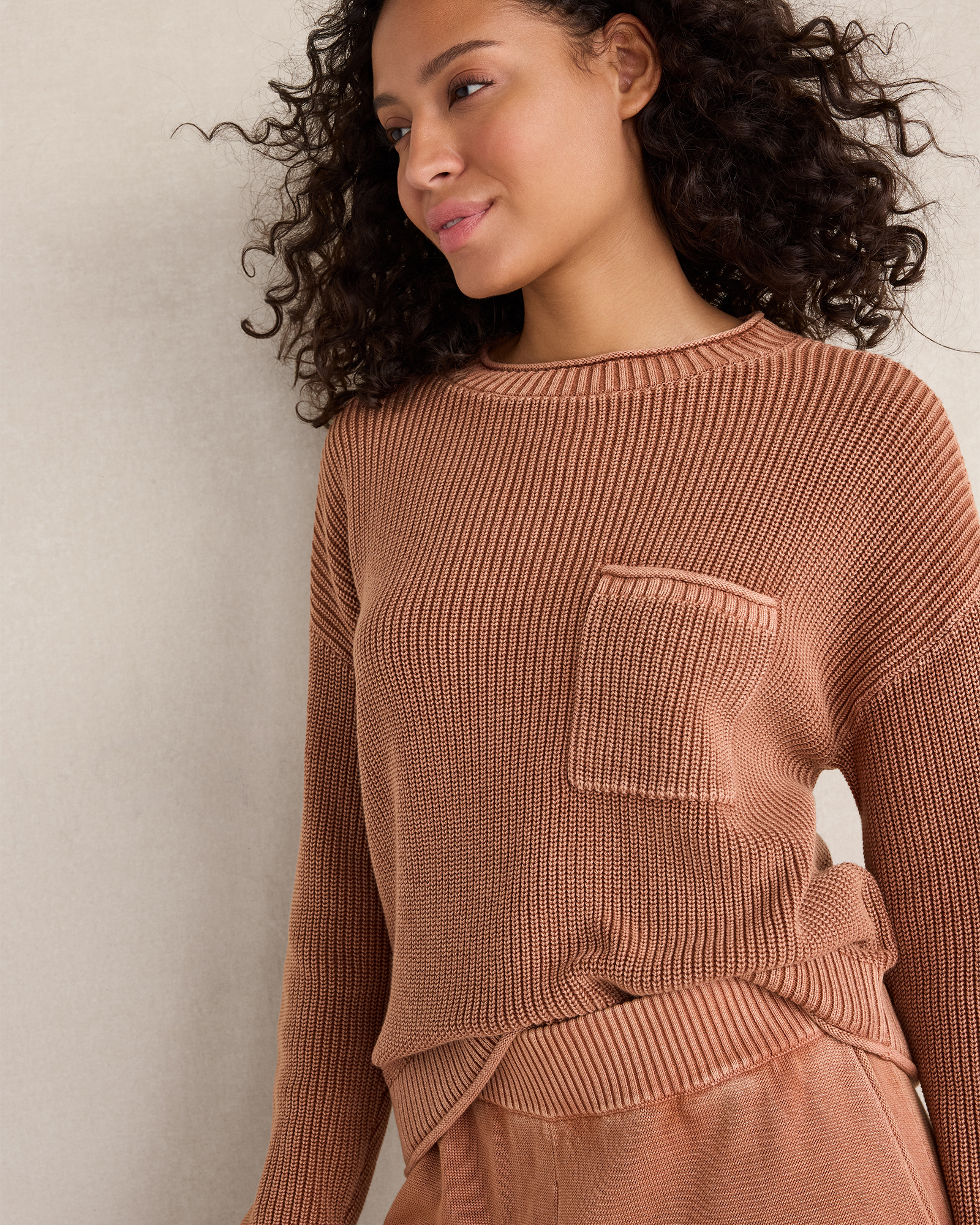 Cotton Shaker Stitch Pocket Crewneck