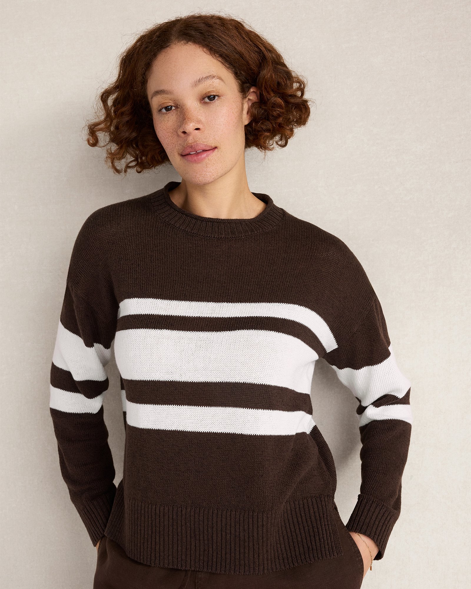 Cotton Linen Stripe Roll Neck Sweater