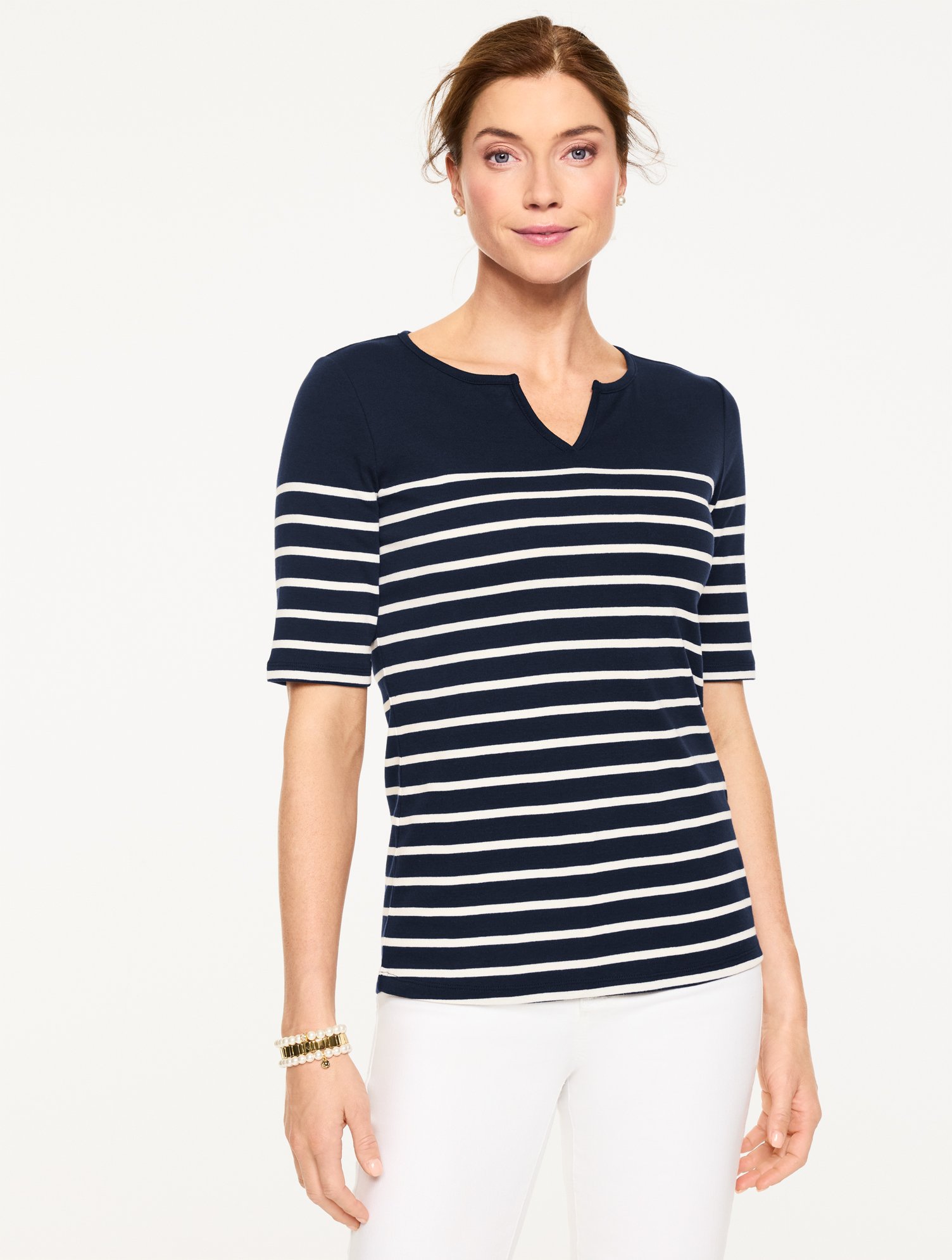 Elbow Sleeve Split Neck Tee - Love Stripe