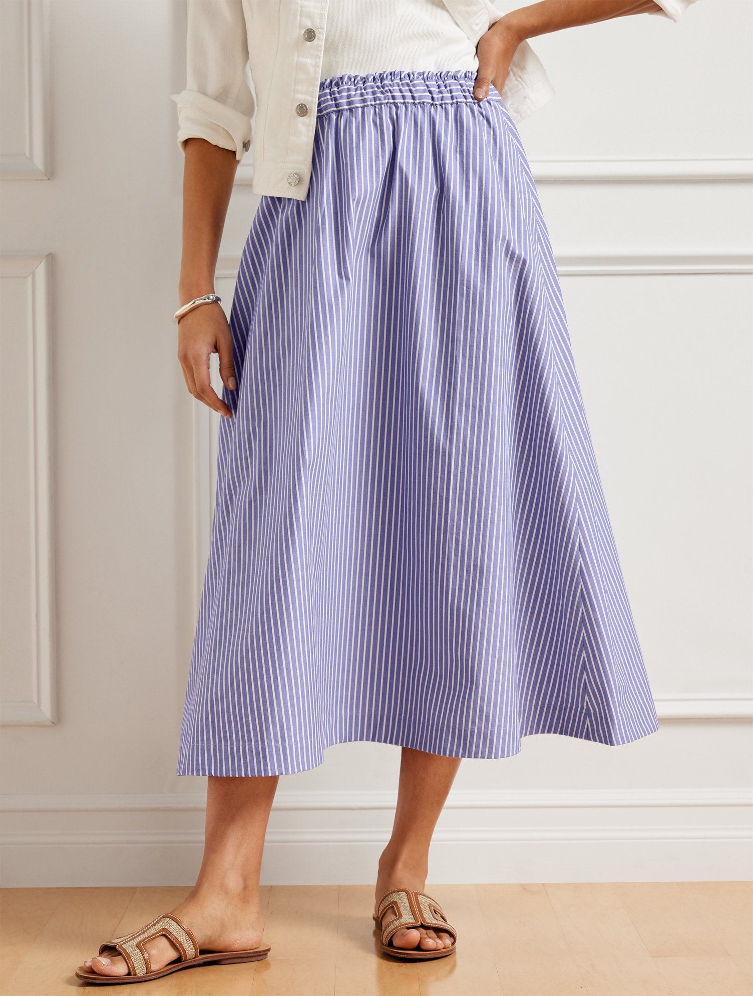 Talbots Petite - Modern Poplin Midi Skirt - Lawn Stripe - Blue/white - Xl - 100% Cotton  In Blue,white