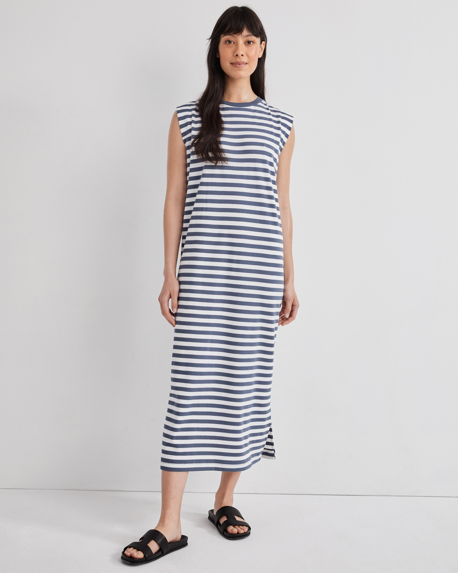 Talbots Organic Cotton Interlock Striped Cap Sleeve Dress - Indigo Stripe - Xxl  In Blue
