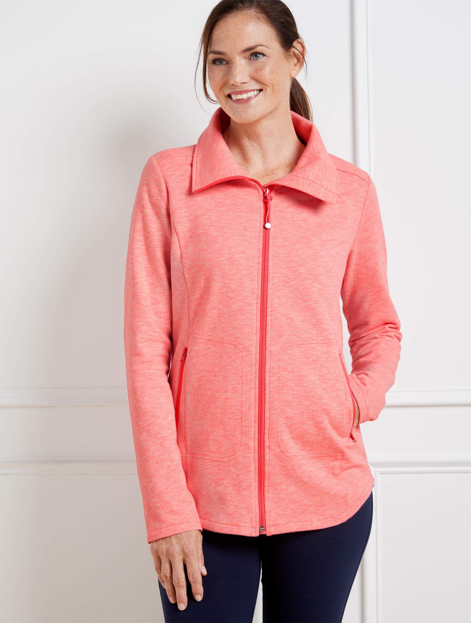 Talbots Petite - Cozy Brushed Terrain Jacket - Coral Flame/ivory - Medium  In Coral Flame,ivory